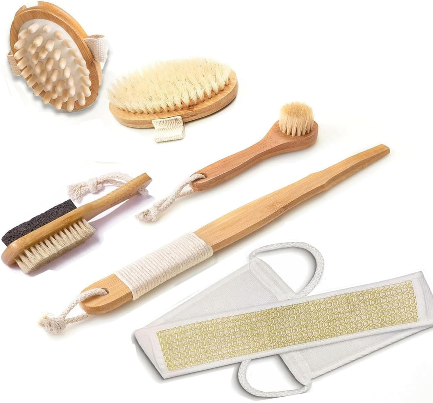 Shengsenfu 5 Pcs Dry Brushing Body Brush Set - Wood Long Handle Back Scrubber Brush, Face Brush, Feet Brush, Massage Nodules Brush for Lymphatic Drainage, Natural Boar Bristle Body Brush, Radiant Skin image number 4