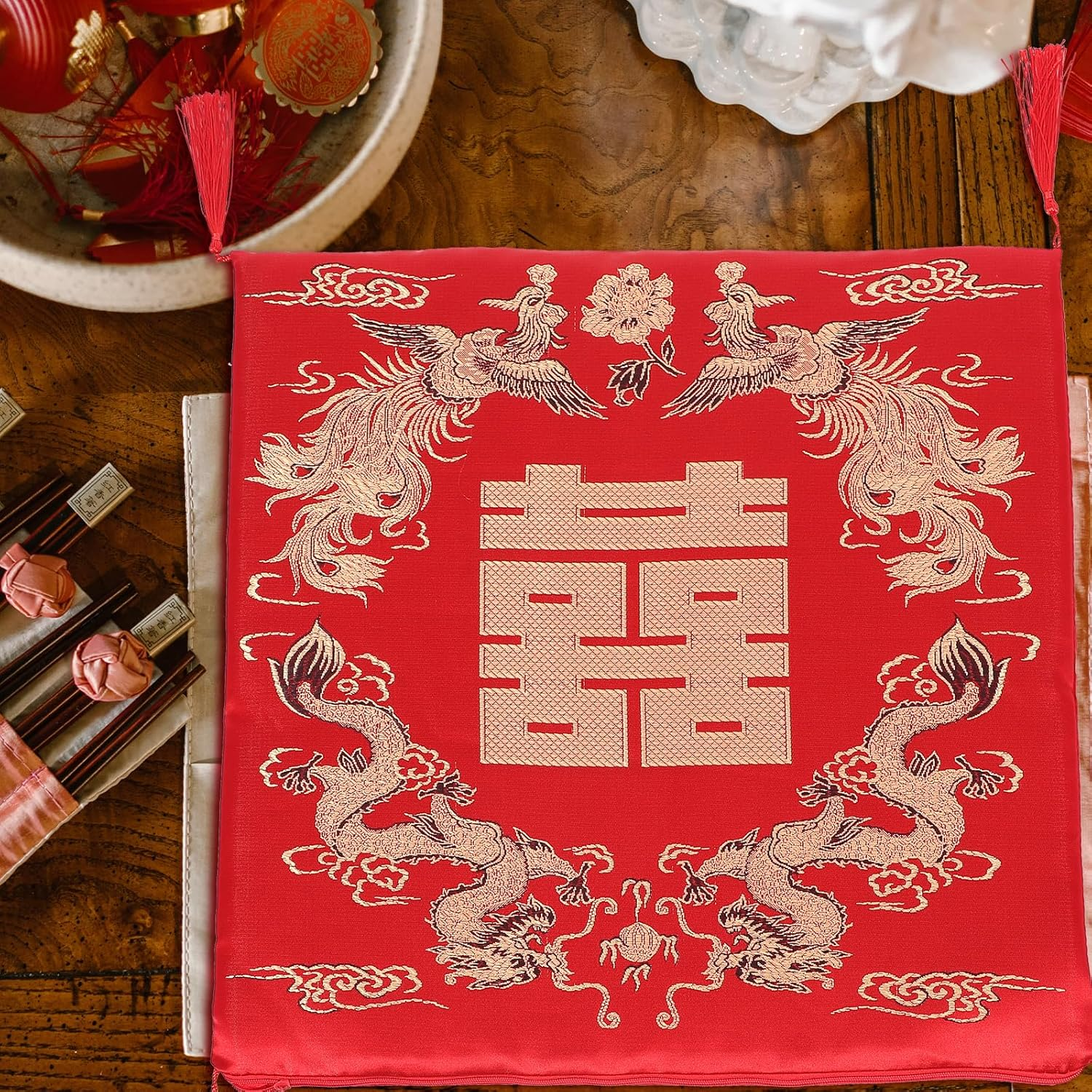 LIFKOME Chinese Style Seat Cushion with Dragon and Phoenix Pattern, Red Polyester Cotton Chair Pad for Home, 16.5X16.5X0.6 Inches, Multi-Purpose for Kneeling, Tea Ceremony, Dining Room, Window Seat