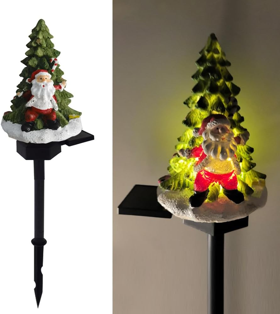 YZYOE LED Solar Santa Claus and Tree Floor Lamp, Christmas Outdoor Atmosphere Decoration Resin Light, Cute Elderly and Tree Courtyard Warm Lights.