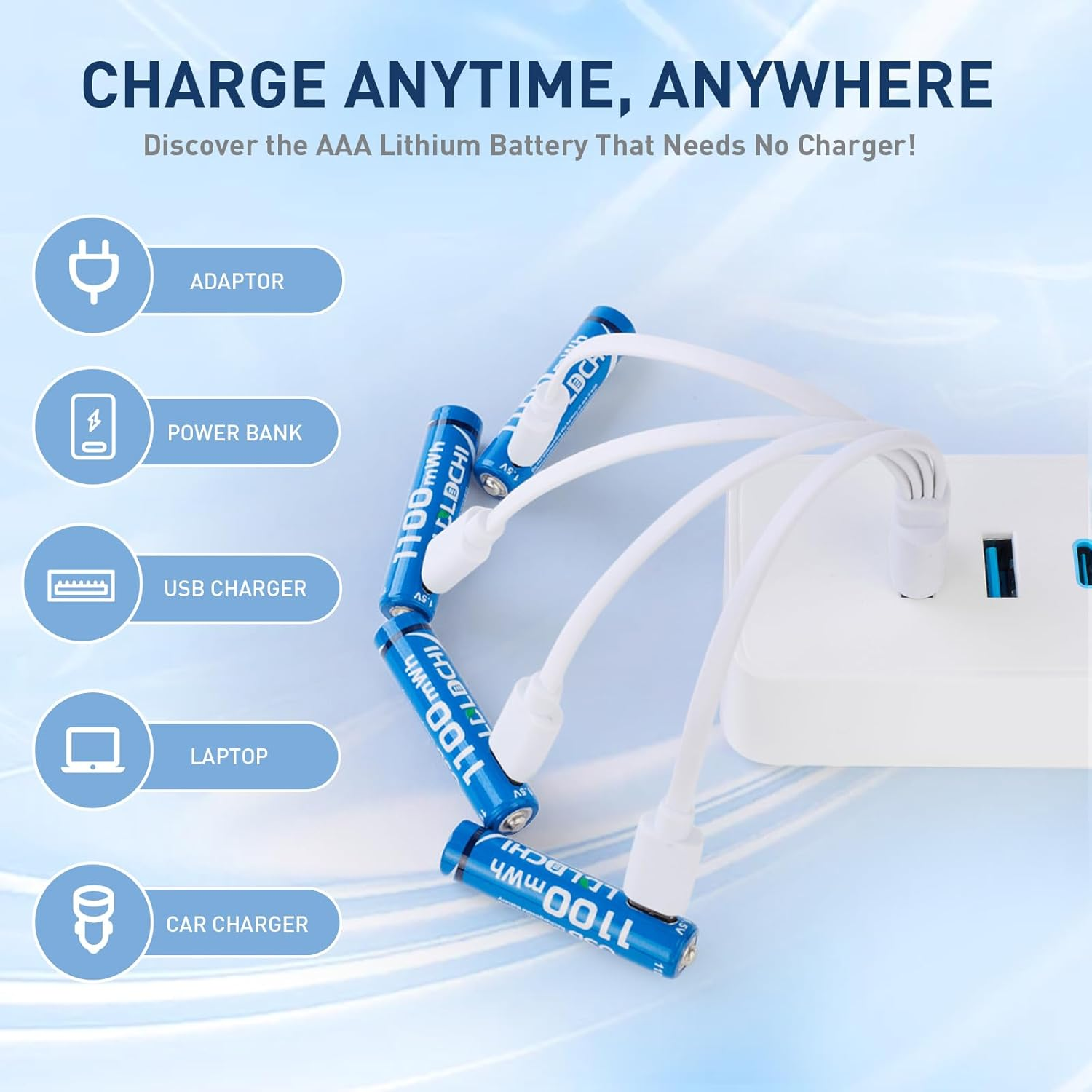 AAA Rechargeable Batteries 1.5V &ndash; 4 Pack Lithium, 1100Mwh High Capacity, 1000+ Cycles, with 4-In-1 USB Charging Cable image number 5