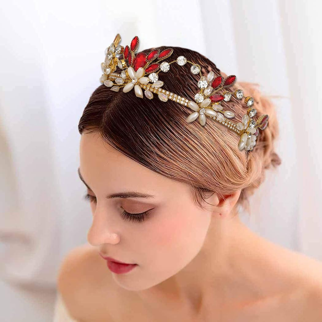 IYOU Princess Tiara Crown Red Rhinestone Crowns Pearl Jewellery Hair Accessories Birthday Party Christmas Headpiece for Women and Girls image number 3