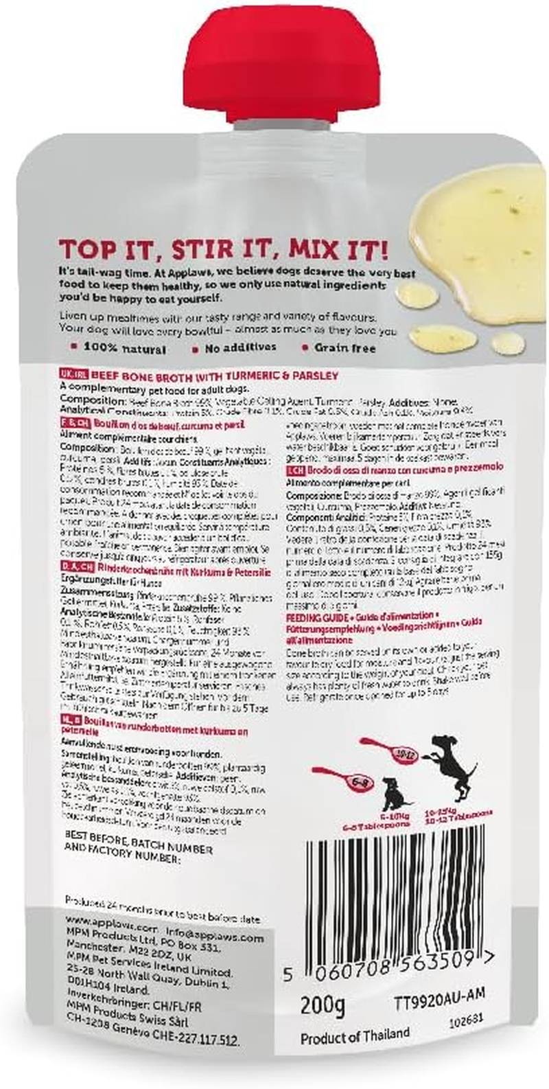 Applaws Taste Toppers 100% Natural Wet Dog Food Beef Bone Broth with Turmeric & Parsley 200Ml (Pack of 6), Limited Ingredients Pet Food image number 1