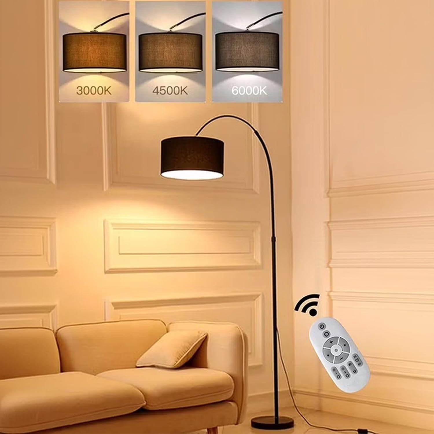 Modern Curved Floor Lamp with Remote Control, 3-Level Dimmable Standing Lamp, Adjustable Height, Marble Base, Warm Light, Floor Lamps for Living Room, Bedroom, Office &ndash; 12W 185Cm (White)