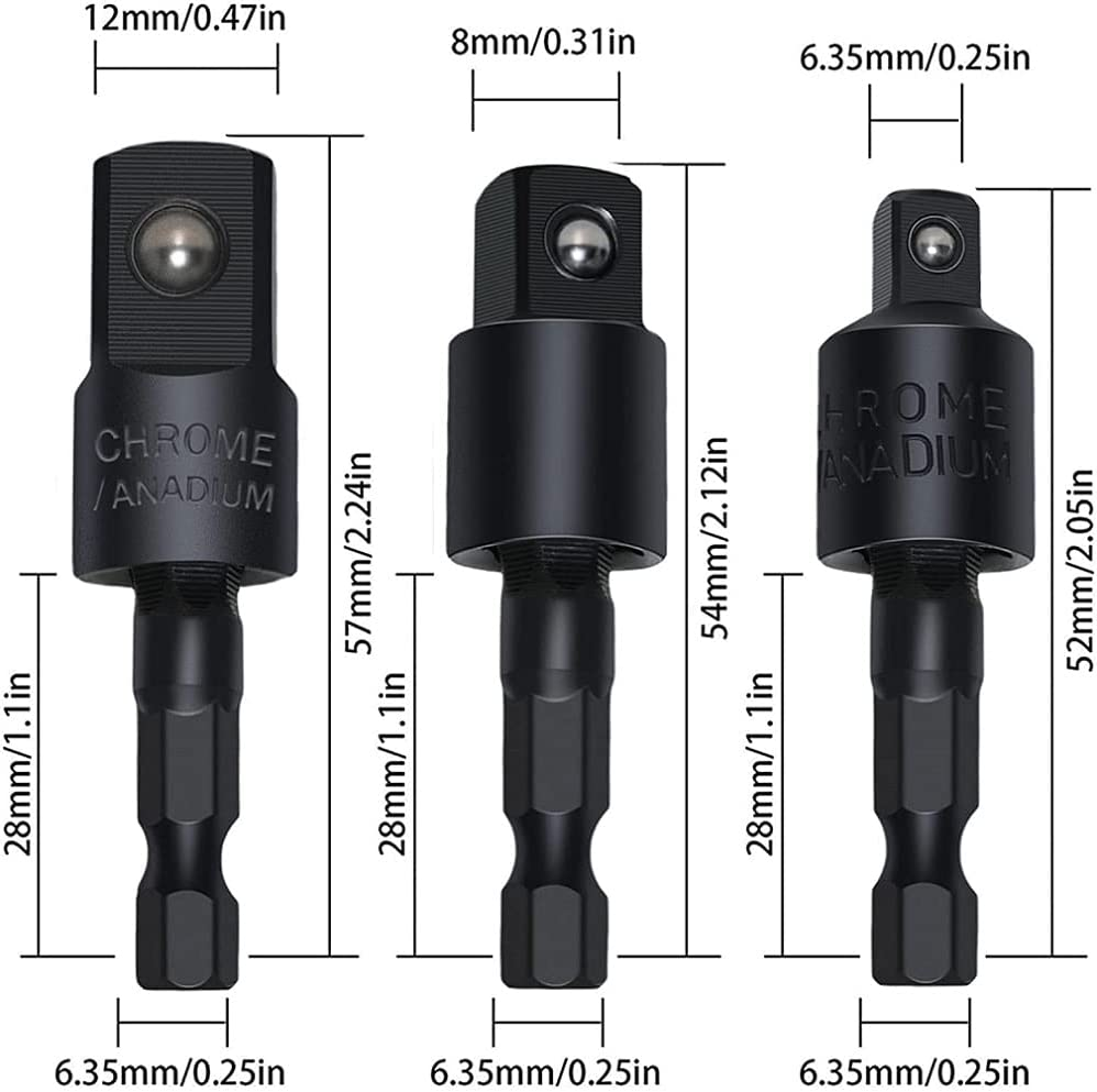 4 Piece Power Drill Sockets Adapter Set, 1/4" Hex Shank to 1/4" 3/8" 1/2" Impact Driver Socket Adapters Extension Set + 105 Degree Right Angle Screwdriver Set Drill Hex Bit Socket Adapter image number 4