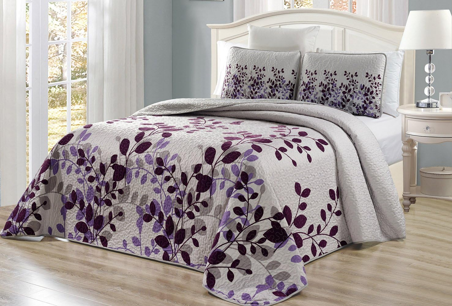 Grand Linen - 3-Piece Oversize (100 X 95) Fine Printed Prewashed Quilt Set Reversible Bedspread Coverlet Full/Queen Size All-Season Bed Cover (Purple. Grey, Brown, White, Floral) image number 6