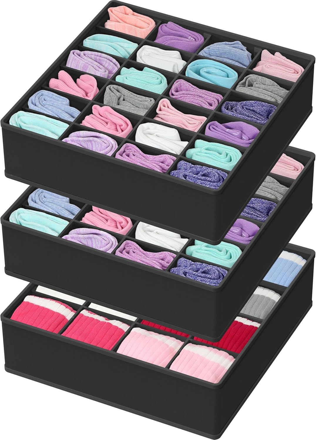 Simplehouseware Closet Drawer Organiser for Clothes, Socks and Underwear, 3 Pack, Grey