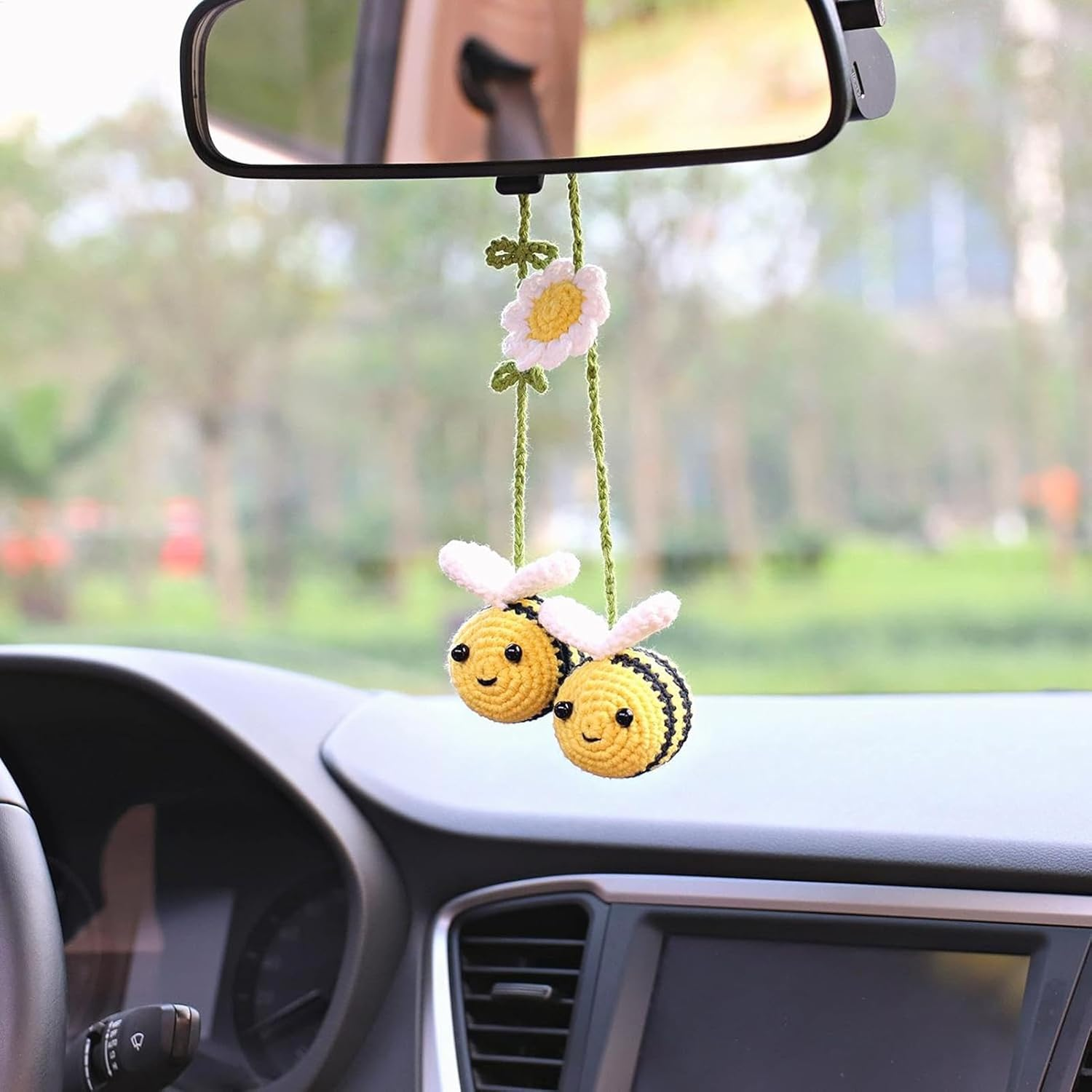 Knitted Car Decoration, Bee Handmade Crochet Car Ornament, Crochet Car Accessories, Cute Flower Knitting Pendant, Automotive Interior Decoration for Bee Lovers image number 5