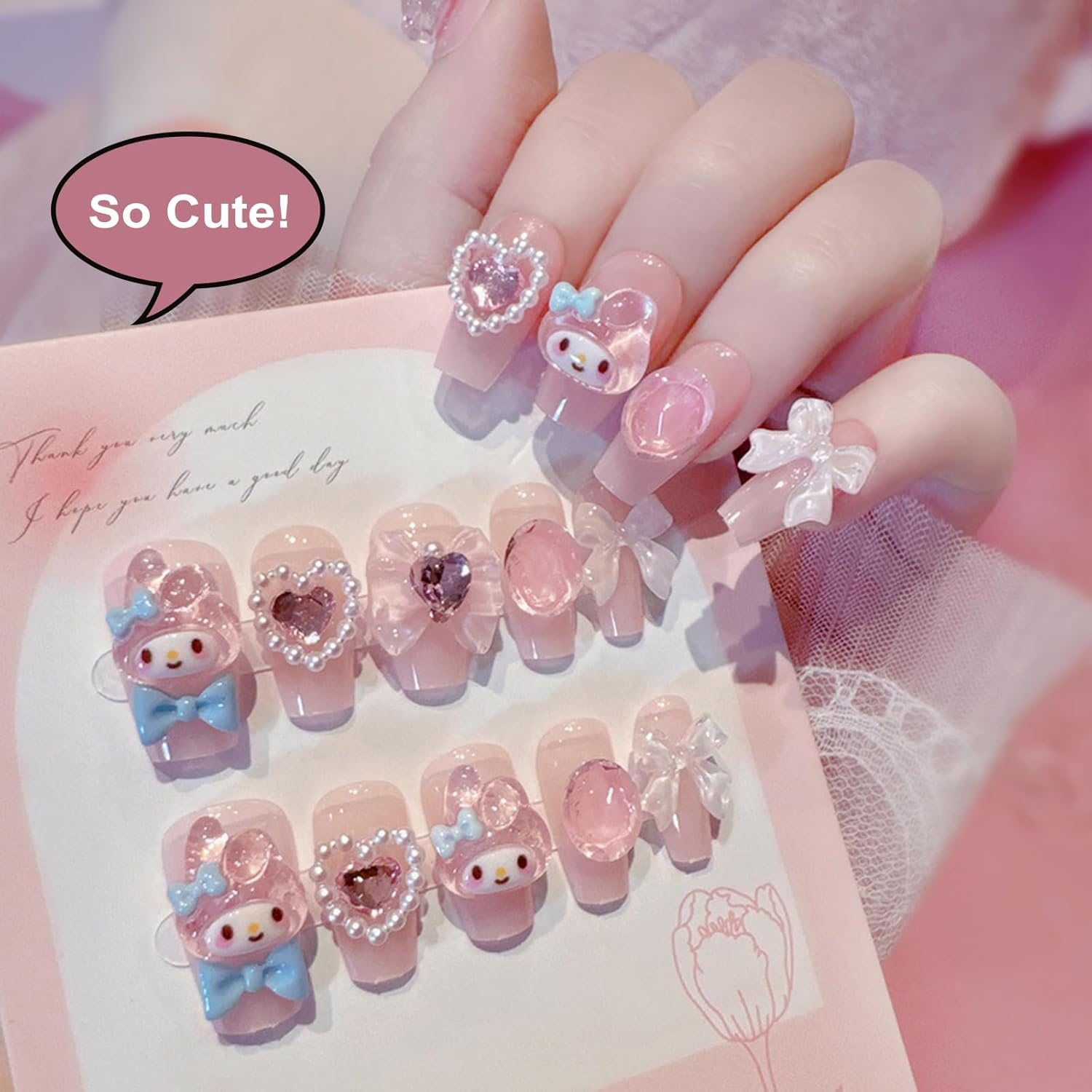 24PCS Cute Kawaii 3D Cartoon False Nails,Medium Pretty Press on Nails,Nude Pink Coffin Fake Nails with 3D Bow Design,Glossy and Full Cover Acrylic Nails for Women or Girls image number 3