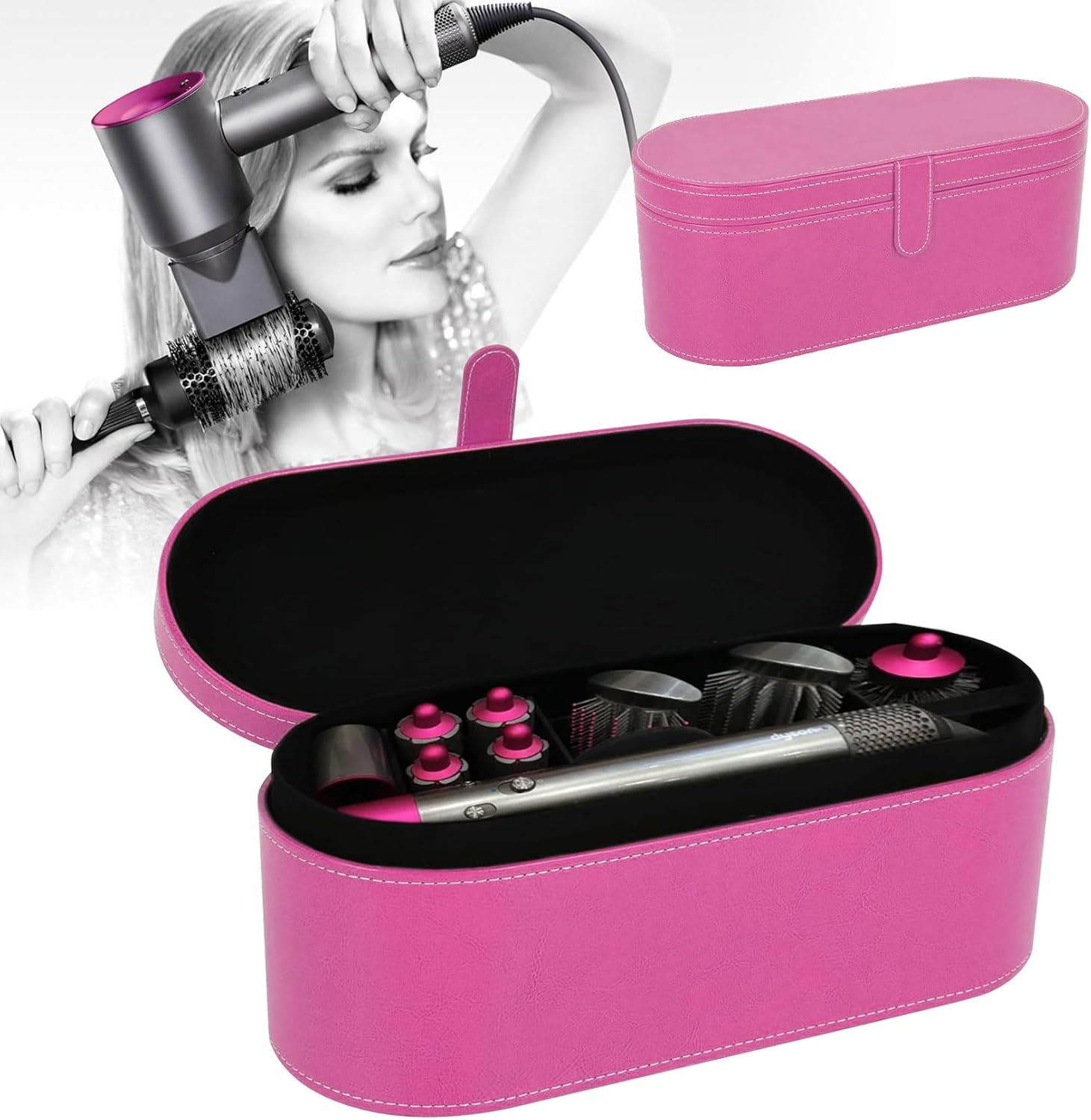 Hair Dryer Storage Bag, Portable Travel Bag for Hair Dryer, PU Leather, Hard Box, Storage Box for Dyson Supersonic Hair Dryer (Rose Red) image number 4