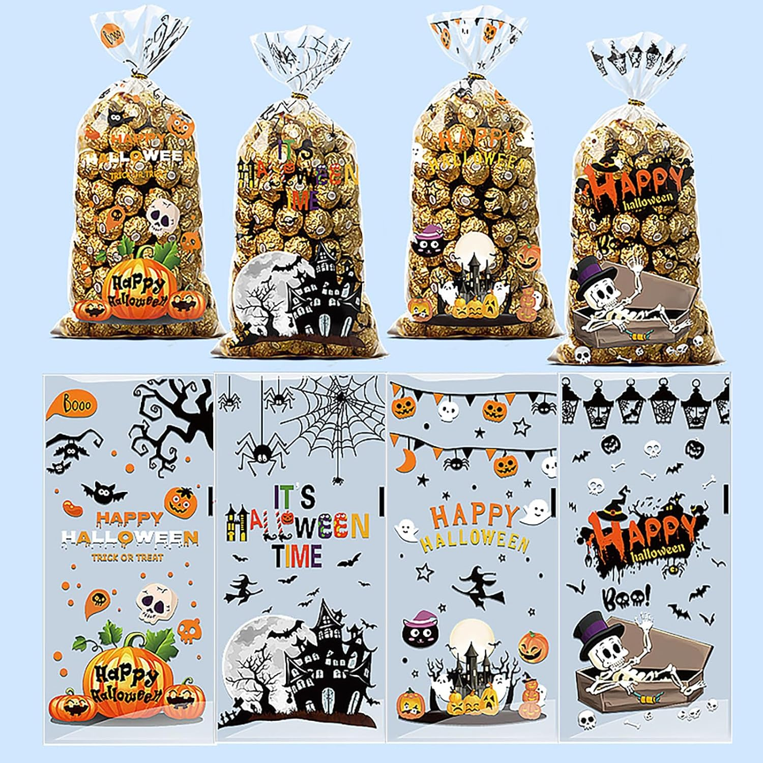 Halloween Cookie Bags,200 Treat Bags,Self Adhesive Gift Bag, 4X4 Inches Plastic Candy Bag for Packaging Candy, Snacks, and Cookies. image number 5