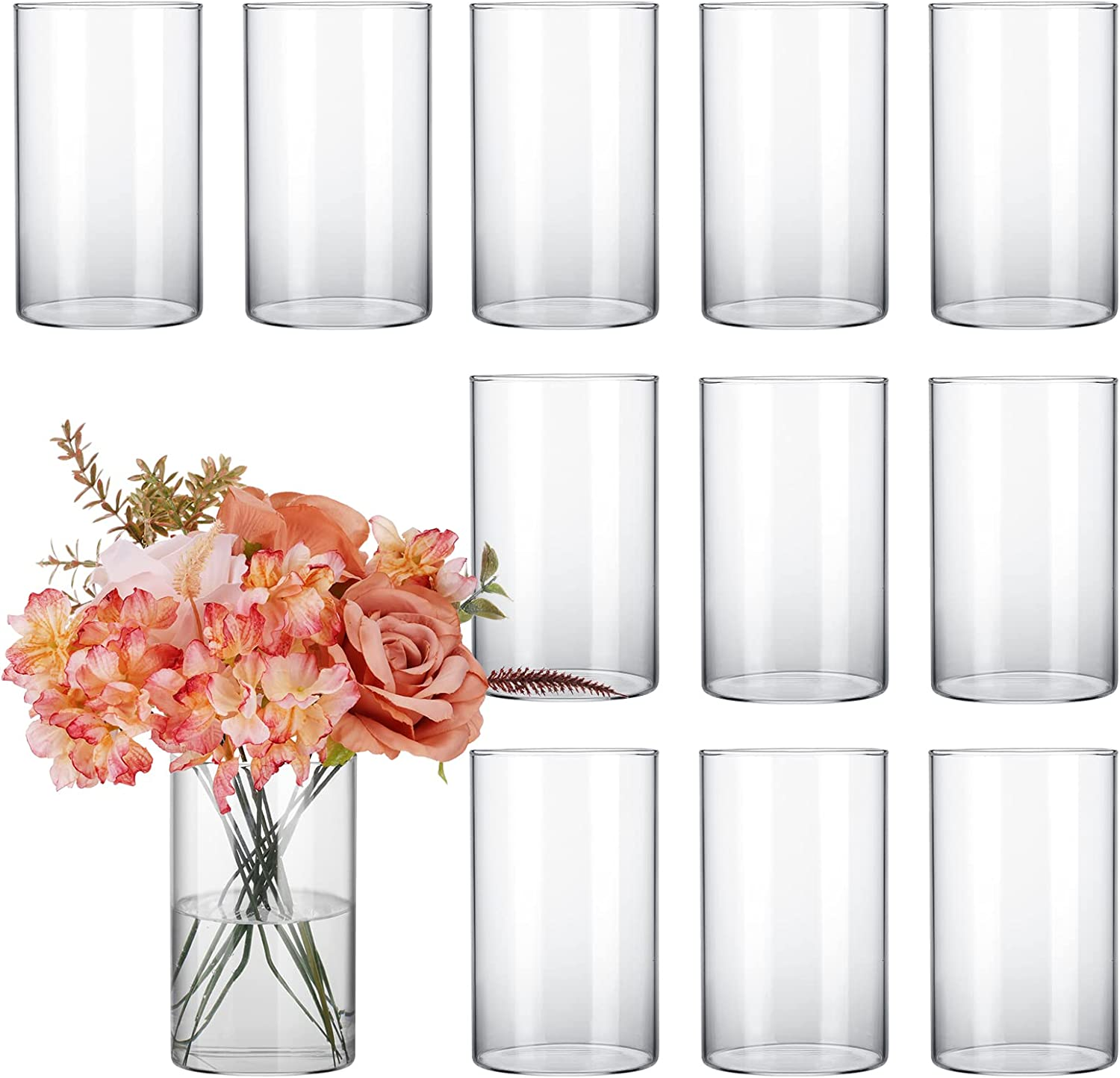 CUCUMI 12Pcs Glass Cylinder Vases for Centerpieces, Flower Vases Wedding Decorations, 6 Inch Tall Glass Hurricane Candle Holder for Table Shelf, Floral Vase Bulk for Home Decor image number 2