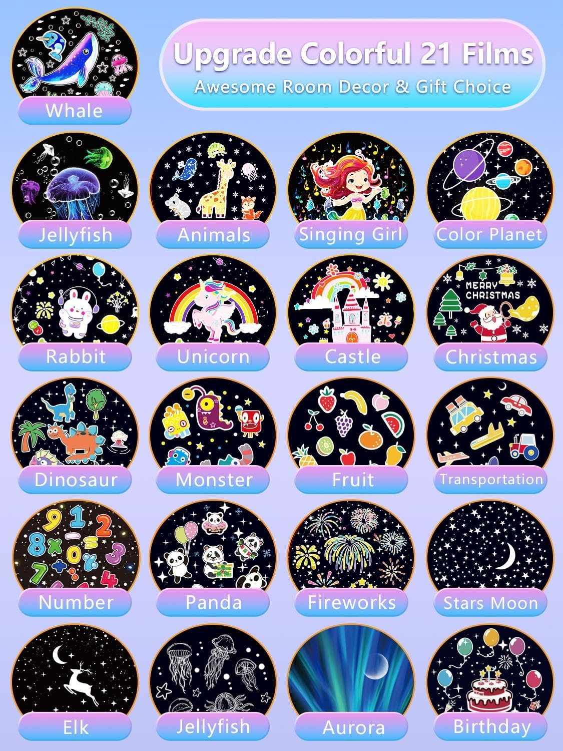 21 Sets of Films + Projector Night Light for Kids, Kids Night Lights Projector for Bedroom, Ceiling, Star Projector with 360&deg; Rotation Dimmable for Baby Girls, Birthday, Christmas, Nursery, Room Decor image number 1