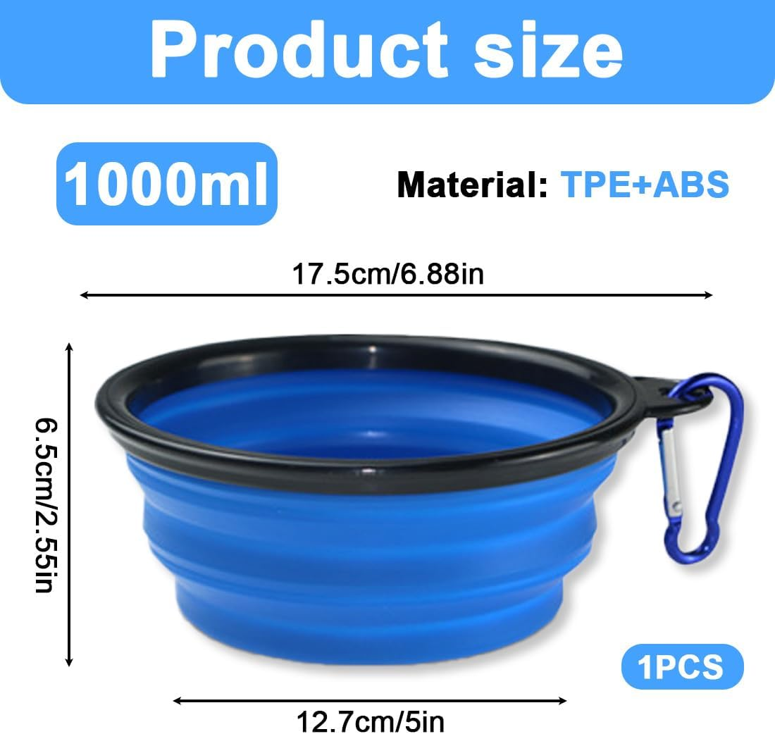 SGERUFZ Dog & Cat Travel Bowl Single Piece TPE and ABS with Silver Carabiner for Water & Food Ideal for Travel (Black Rim, Blue Body) image number 4