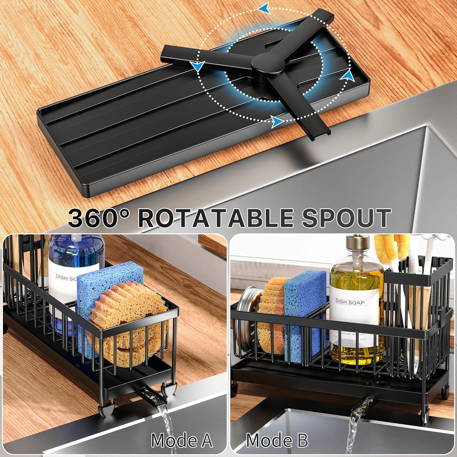 Cisily Sponge Holder for Kitchen Sink, Sink Caddy with High Brush Holder, Organzier Rustproof 304 Stainless Steel Dish Organizer Divider, Soap Dispenser Storage