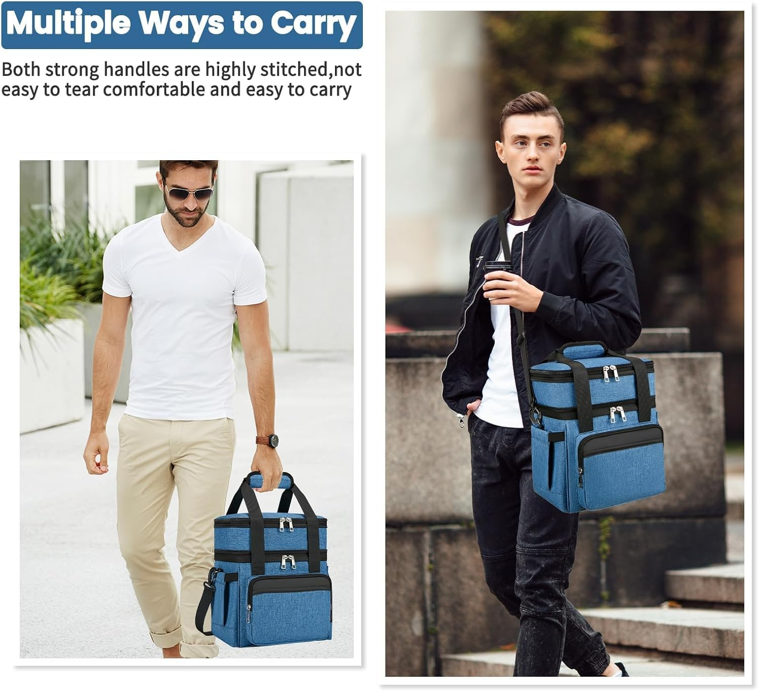 Large Insulated Lunch Bag, 2 Deck Lightweight Lunch Box Lunch Cooler Leakproof Insulated, with Waterproof Zipper/Shoulder Strap for Work, Office, School, Outdoor, Picnic (Blue) image number 4