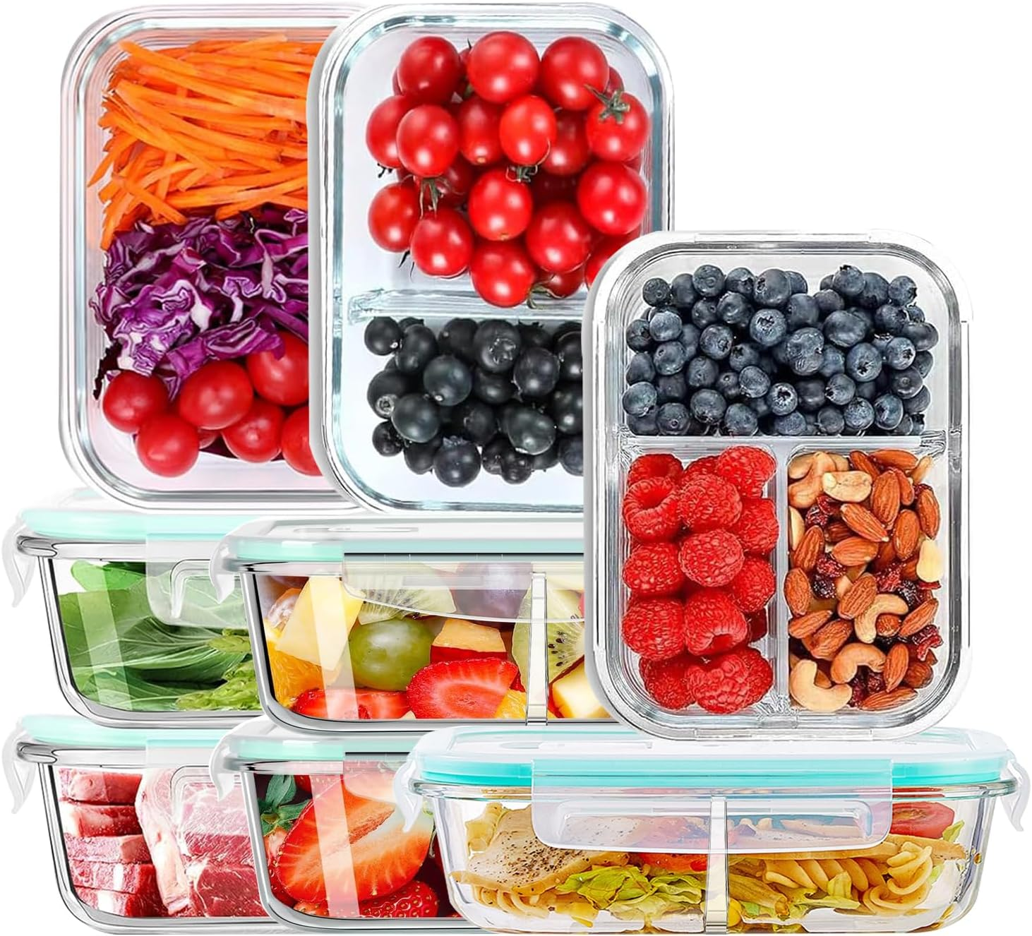 Glass Food Storage Containers, 8 Pack Airtight Glass Containers with Plastic Lids (1040Ml/35Oz), Lunch Box for Kitchen Storage & Organisation(1 Compartments*3, 2 Compartments*3, 3 Compartments*2) image number 2