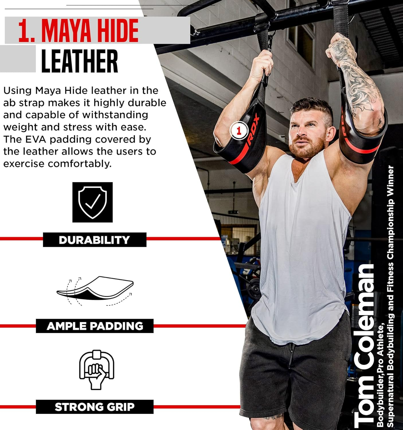 RDX Fitness Hanging AB Straps for Abdominal Muscle Building and Core Training, Maya Hide Leather Strap Steel D-Rings, Pull up Assist Straps, Elbow Hanging Men Women Home Gym Workout Equipment image number 6