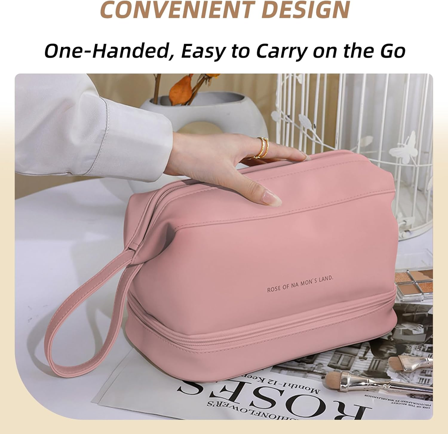 JZS Large Capacity Makeup Bag Ladies Cosmetic Bag Travel Bag with Compartments Portable PU Leather Travel Makeup Bag with Handle Pink - Pink image number 6