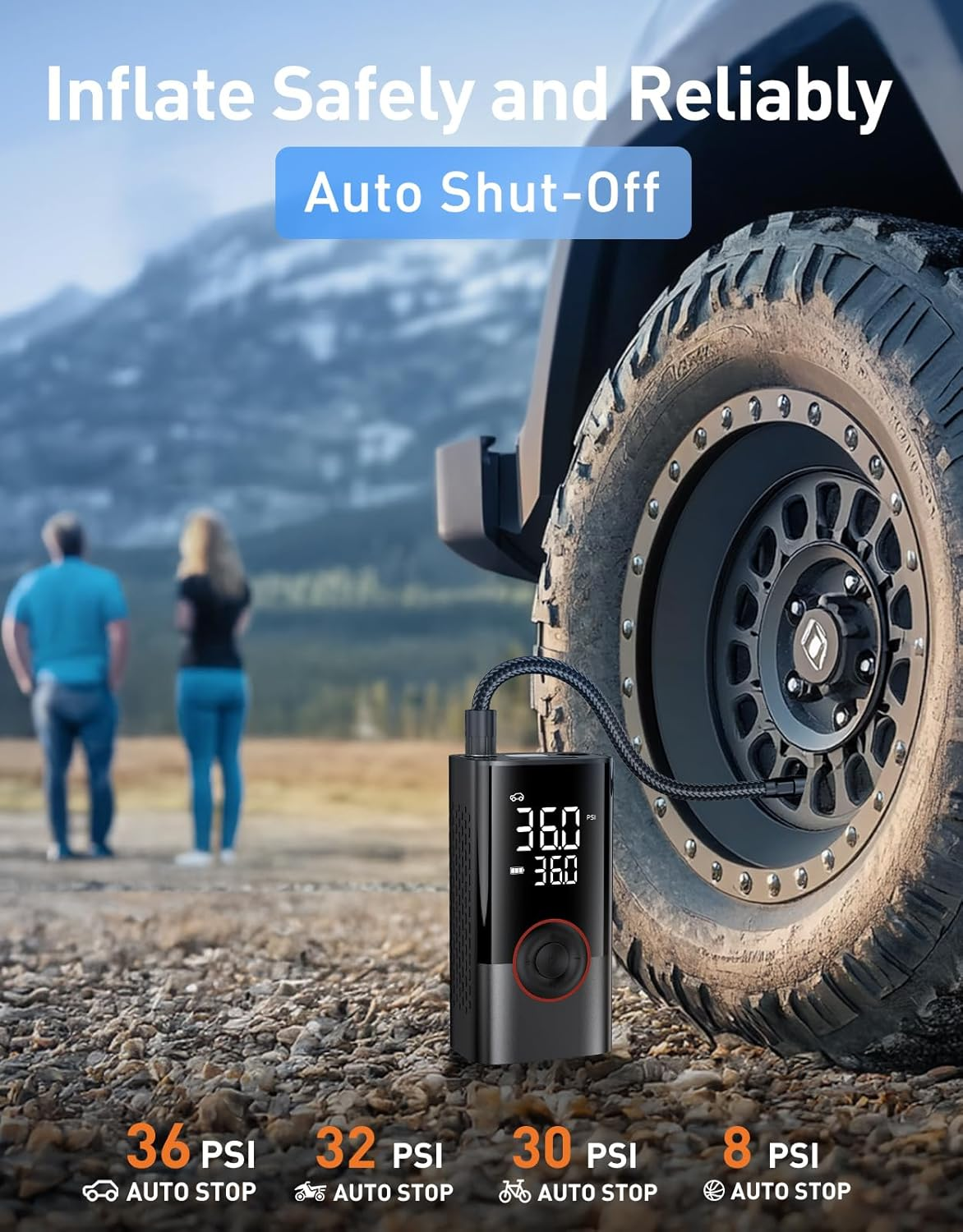 OMQ Tire Inflator Portable Air Compressor, 150PSI Smart Air Pump for Car Tires with LED Light, Cordless Tire Pump with Digital Pressure Gauge, Tire Inflator for Car, Bike, Motorcycle, Ball image number 2