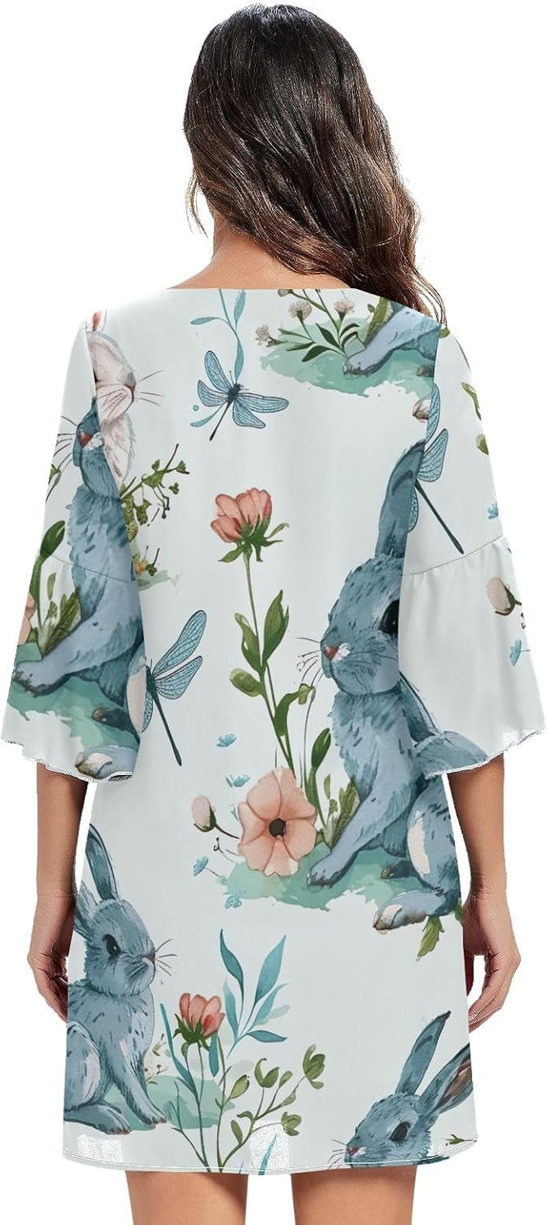 Cute Rabbit Flowers Blue Short Dress Printed Maternity Dress Party S-XXL image number 3