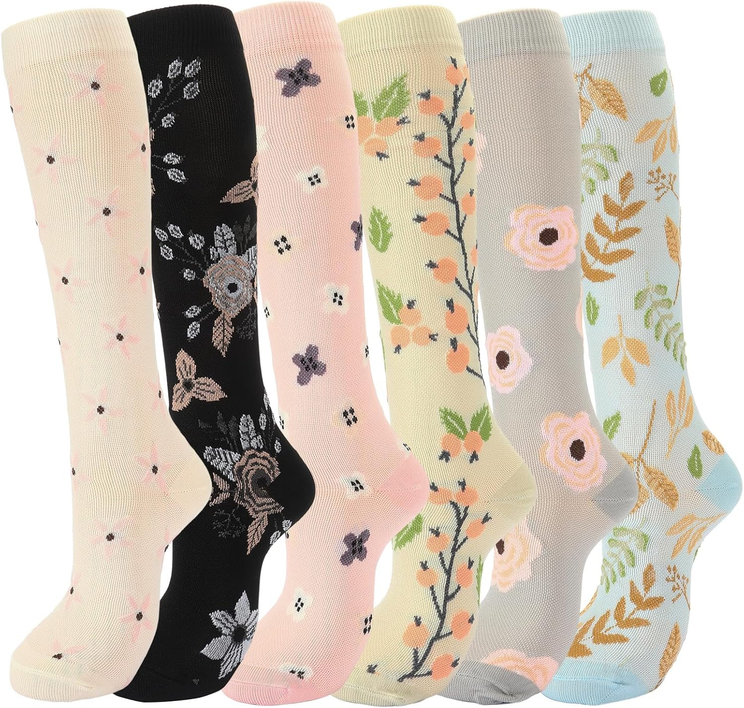 6 Pairs Compression Socks for Men Women Flying - 15-20Mmhg - Flight Calf Support Socks for Circulation Graduated Support Hosiery Bamboo Travel Compression Socks