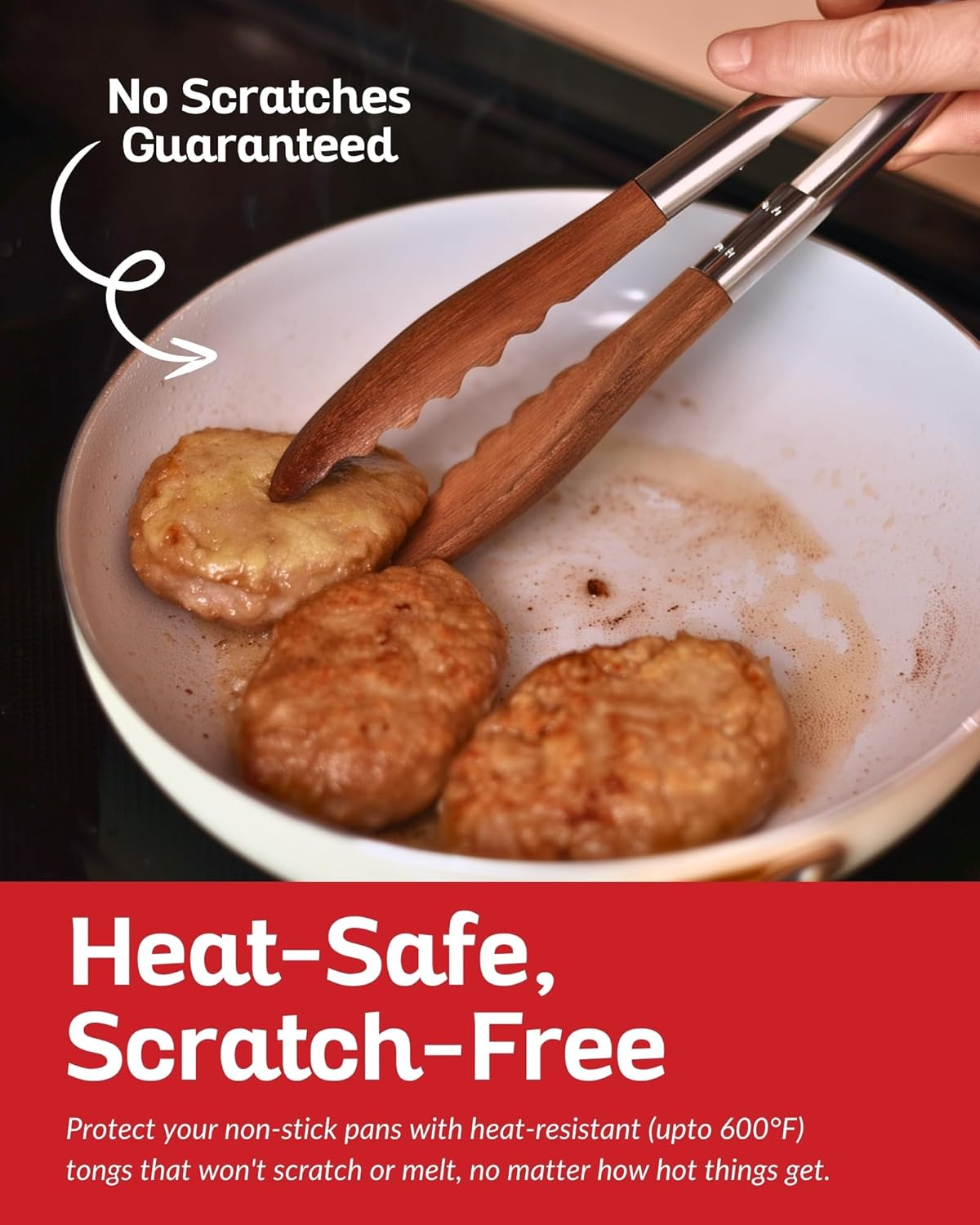 Boxiki Kitchen Tongs for Cooking with Wooden Tips - Wooden Tongs Ideal for BBQ, Salad, Toaster, Bread & Pickles - Made of Natural Walnut Wood, Size 12 Inch image number 4