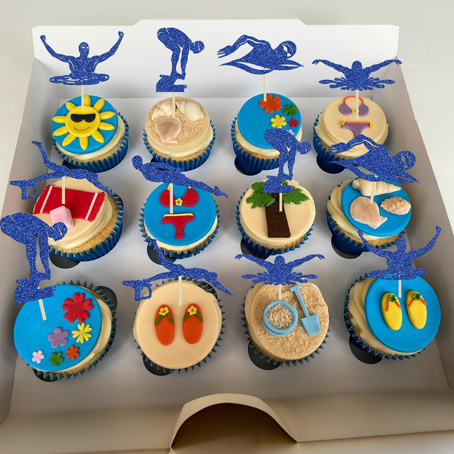 Ephlyn 24Pcsswim Cupcake Toppers Summer Swimming Cupcake Toppers Picks Black Swimming Cake Topper for Swim Party Birthday Baby Shower Kids Birthday Party Cake Decorations Supplies Blue image number 1