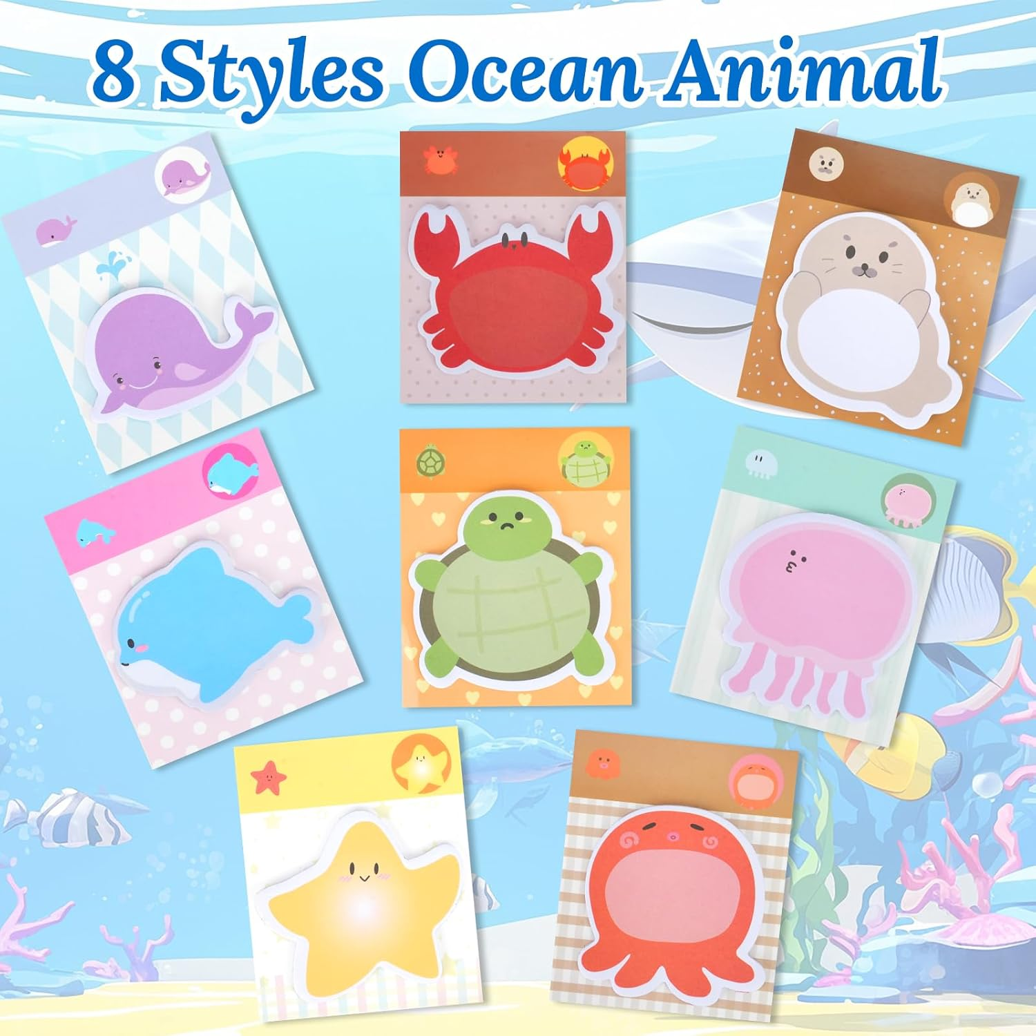 32 Pack Ocean Animal Sticky Notes, Total 640 Sheets 8 Styles Self-Stick Sea Animals Shaped Sticky Note Pads Bulk, under the Sea Removable Self Adhesive Memo Pad (32Pc Sea Animal) image number 2