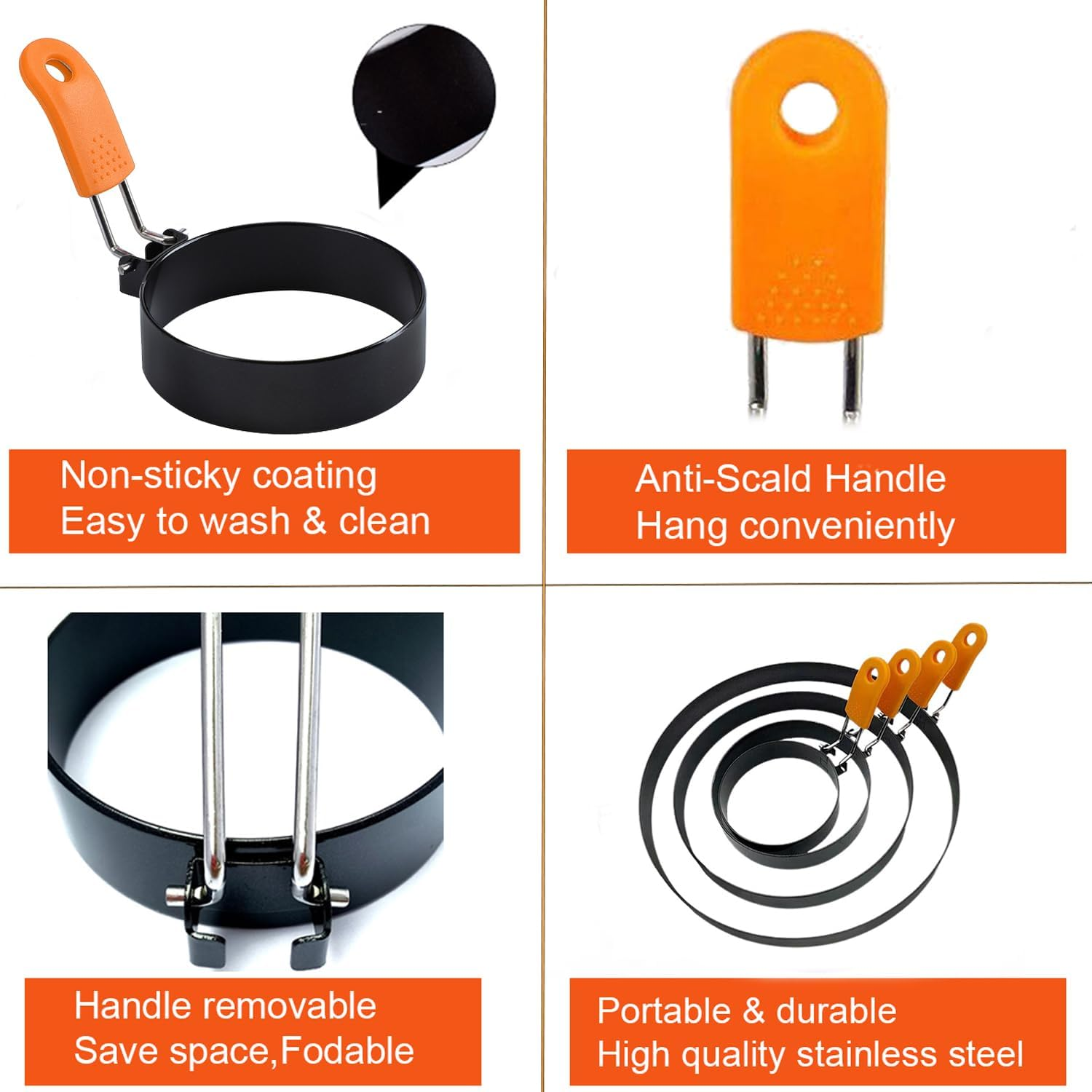 Pancake Ring for Griddle,2 Packs 6 Inch Omelette Ring for Griddle,6" Non-Stick Stainless Steel Pancake Egg Ring Crumpet Ring Omelet Griddle Ring Pancake Maker Cake Ring Creps Ring with Silicone Handle image number 1