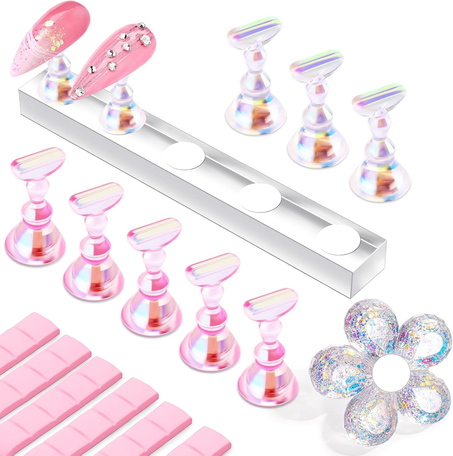 Makartt False Nail Stand: Transparent and Pink Nail Art Display Stand for Nail Art Displays Transparent Magnetic Nail Art Holder with Glitter and Reusable Adhesive Putty for Salon image number 6