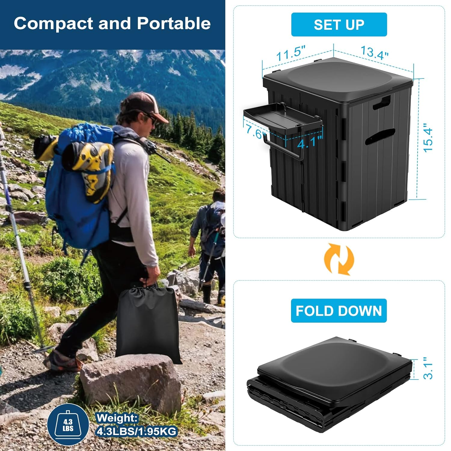PAHTTO XL Portable Toilet for Adults, Extra Large 15.4''H Foldable Camping with Detachable Phone Shelf & Paper Holder, Waterproof Porta Potty Lid Camping, Hiking, Long Road Trips, Car, Black image number 5