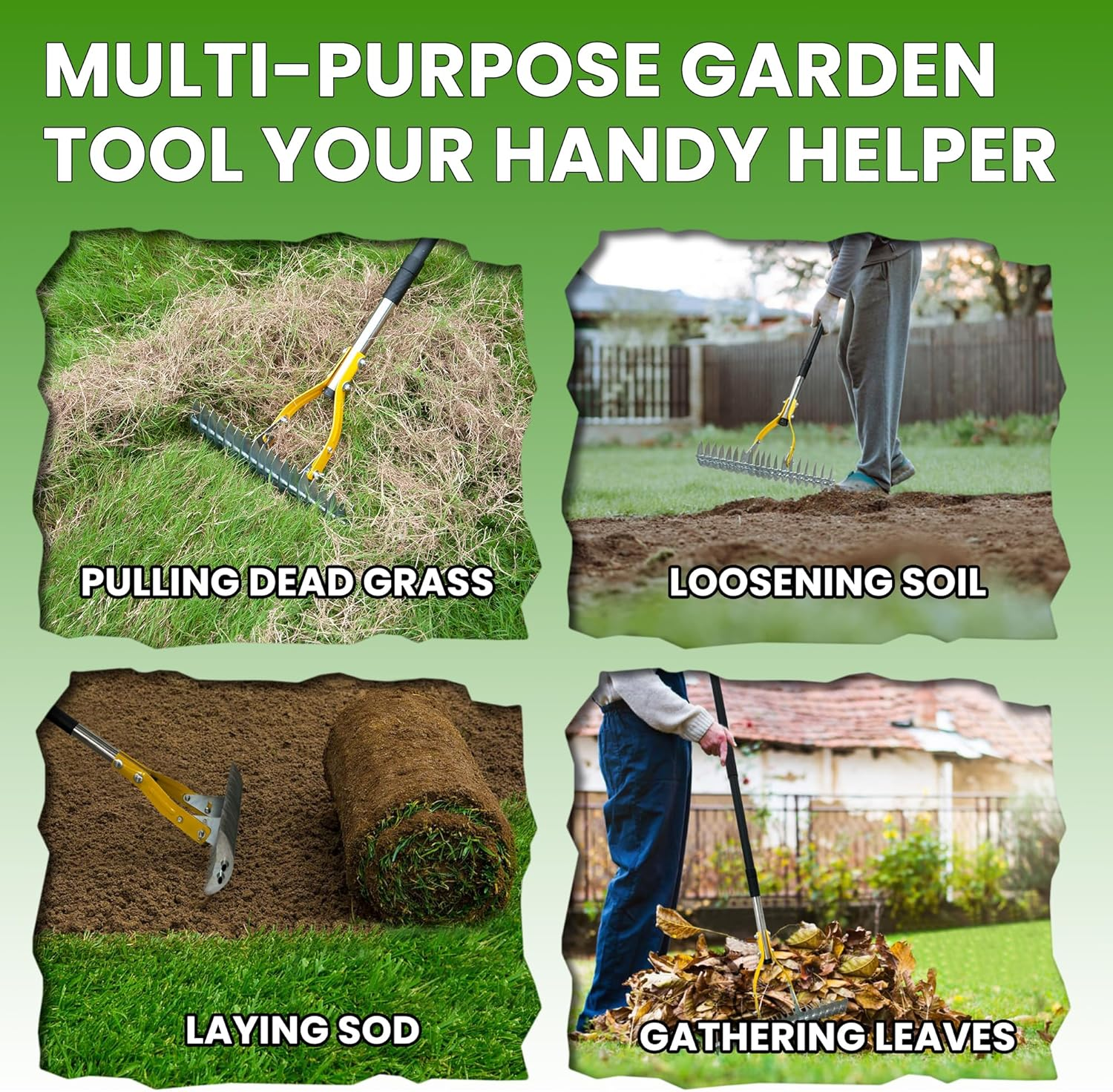 Blumetrec Thatch Rake for Lawn, 15-Inch Adjustable Head Weed Tool, Dethatcher Rake to Cleaning Dead Grass with 188Cm Adjustable Handle, Steel Metal Thatching Rake for Grass, Garden, Yard image number 3