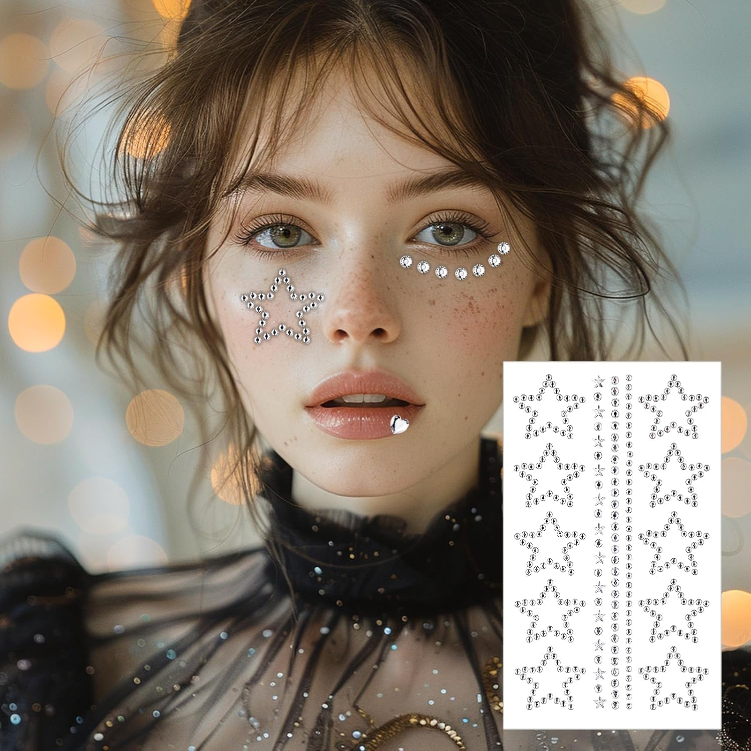 5 Sheets Self Adhesive Face Gems for Makeup - 3D Heart Star Moon Rhinestone Stickers, Eye Nail Body Crystal Pearls Jewels for Festival Crafts image number 3
