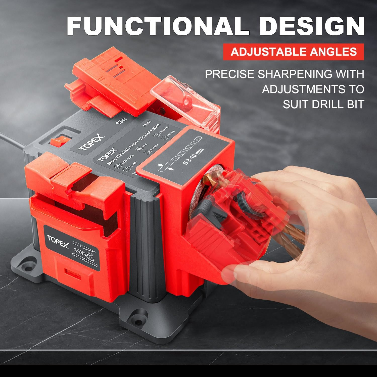 TOPEX 65W Electric Multifunction Sharpener SAA Drill Bit Knives Scissors Chisel Universal Electric Powered Multitask Sharpening Machine Diamond Grinding Wheel for Grinding, Sharpening image number 3
