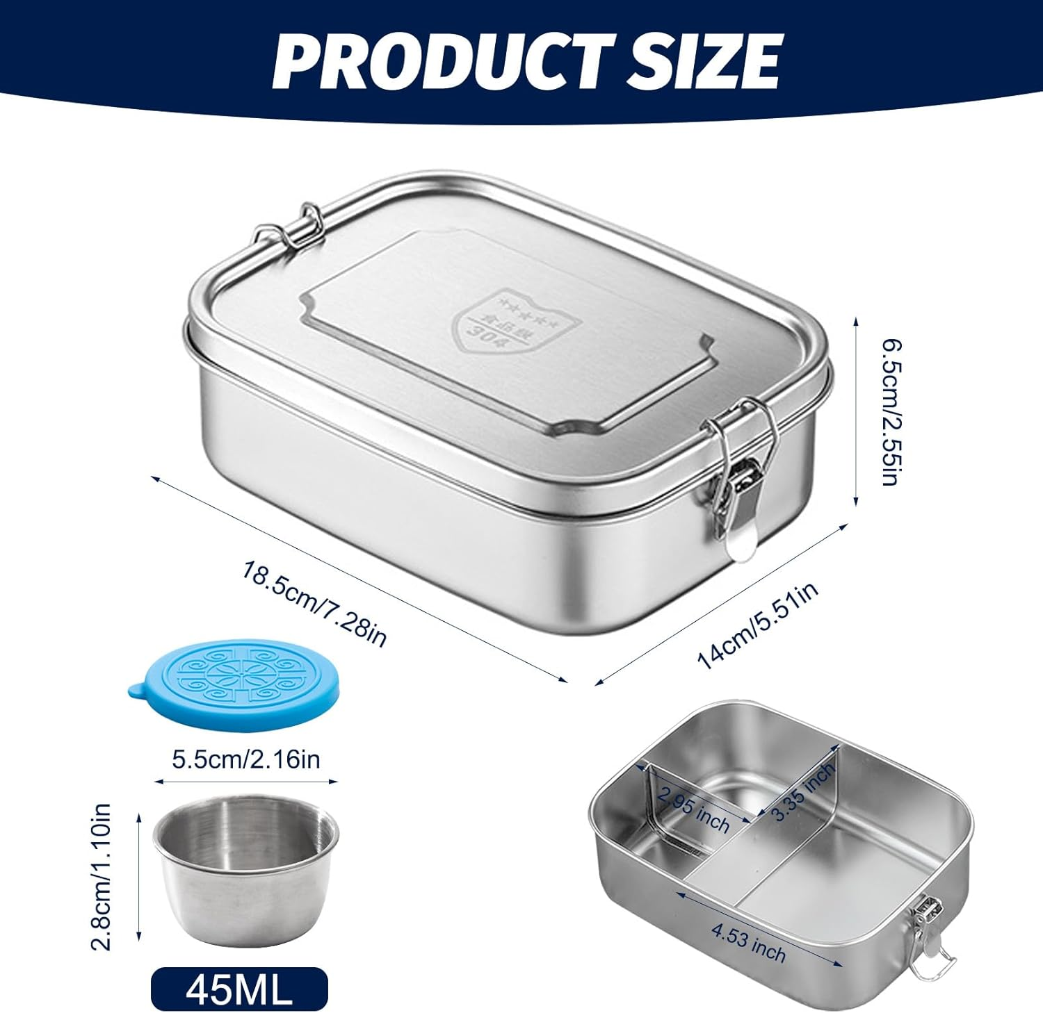Stainless Steel Bento Lunch Box 1200ML, 3-Compartment Metal Lunch Box for Kids & Adults, Eco-Friendly Meal Prep Container with 45Ml Leak-Proof Dip Container image number 5