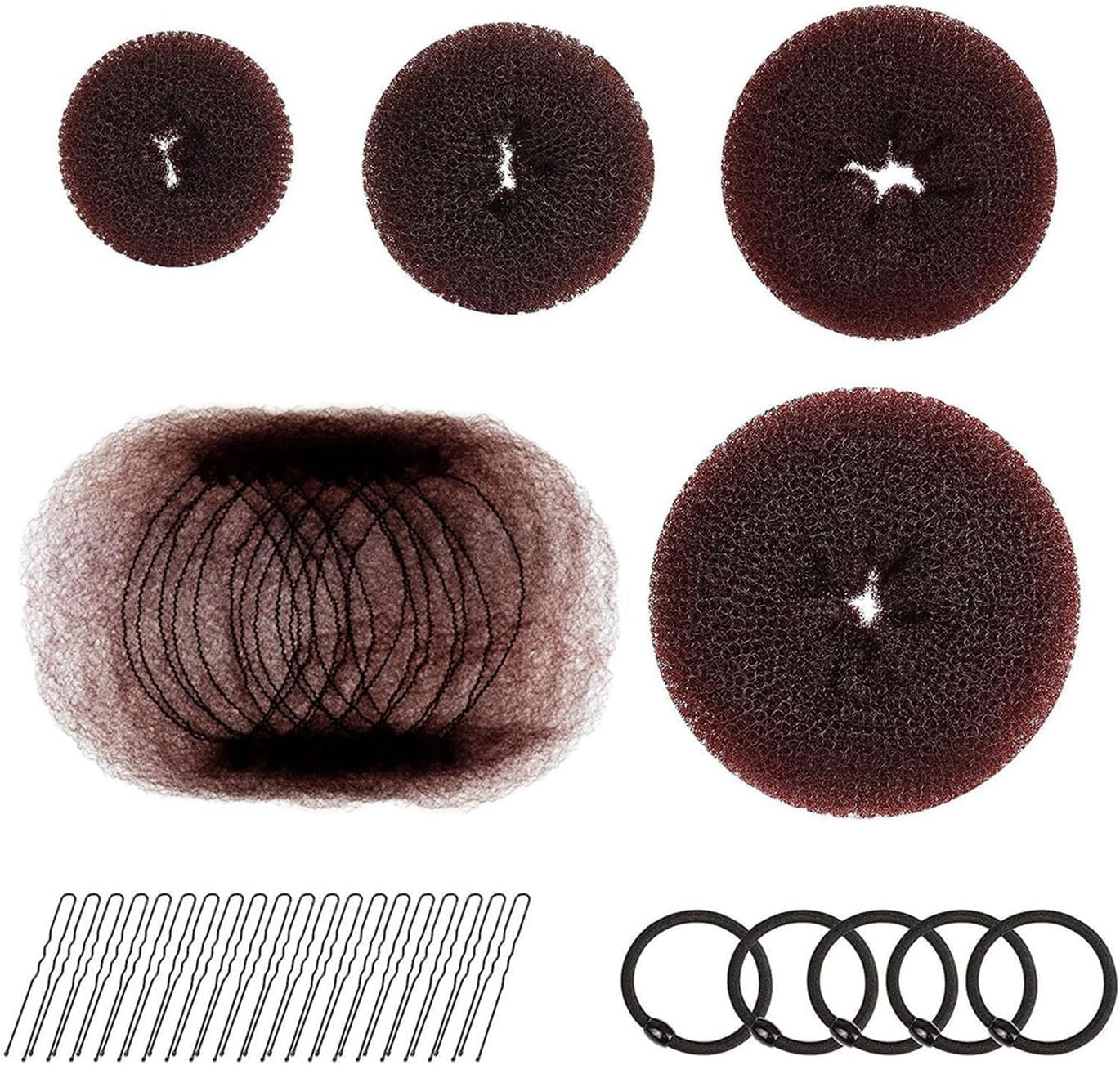Igutrail Bun Shaper Set, 4 Brown Donut Hair Bun Makers, 20 Hairpins, 20 Hair Bands, 5 Rubber Bands, Hairstyle Aid for Updo image number 1