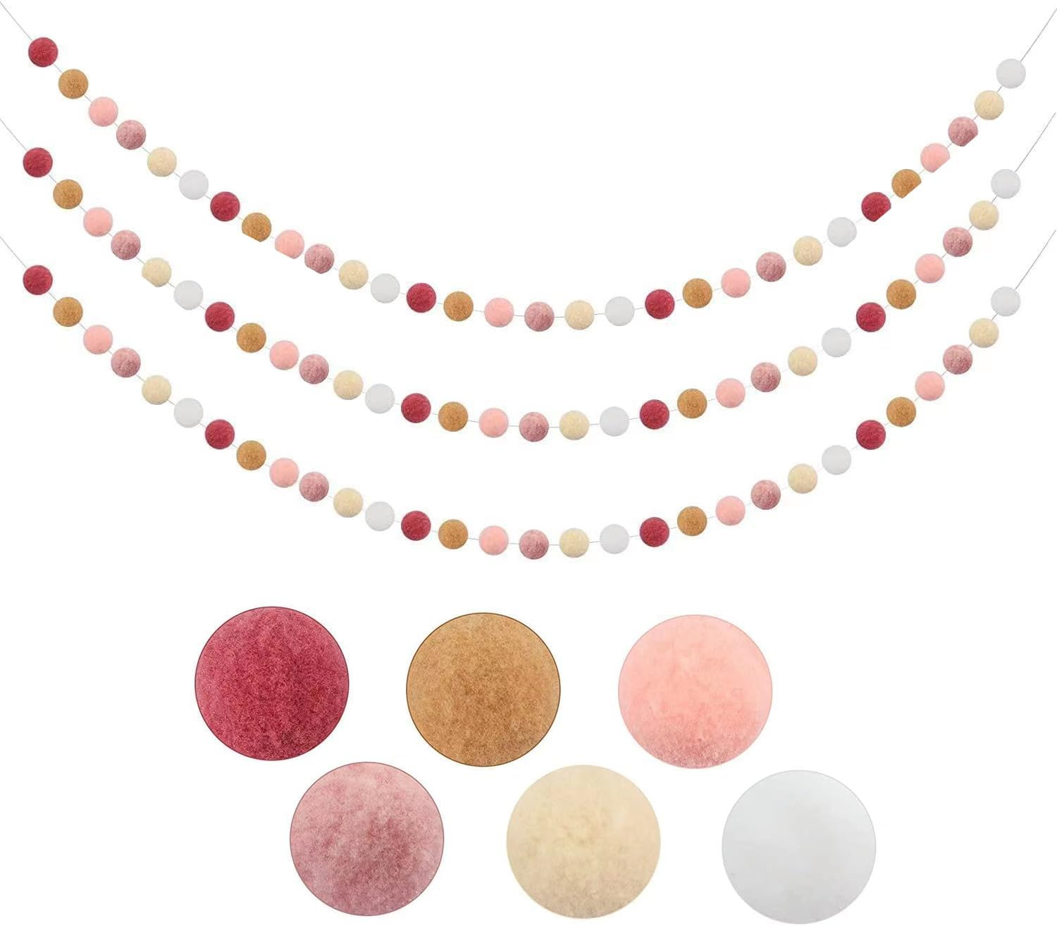 Pom Pom Felt Ball Garland, 6.6 Feet, 30 Balls, Colourful Boho Decor for Party, Home, Nursery, 3 Pieces (Rose Pink)