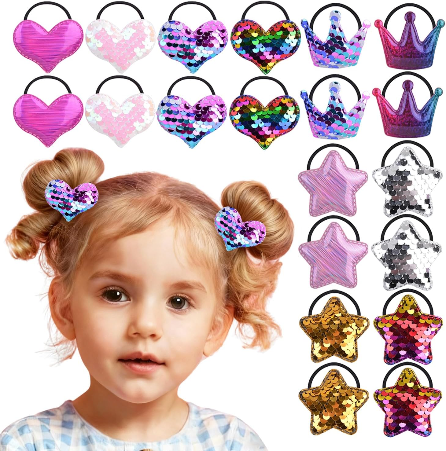 20 Pcs/10 Pairs Glitter Hair Ties for Girls, Sequin Heart Star Crown Baby Girls Hair Scrunchies Elastics Rubber Bands Hair Ropes Ponytail Holders Hair Accessories for Infants Toddlers Kids Teens Women image number 5