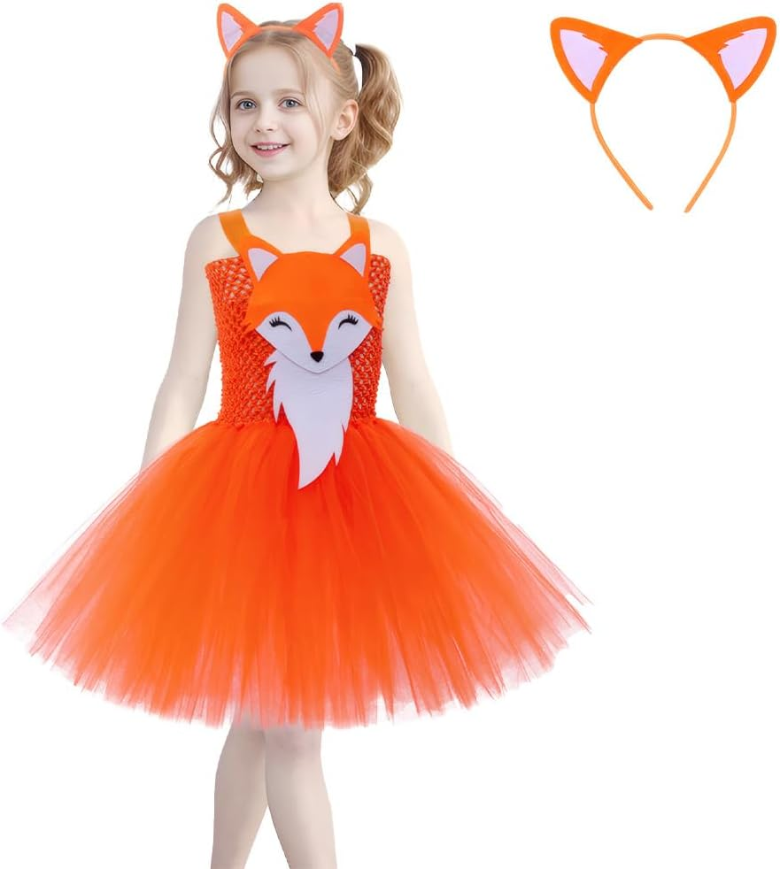 AUTOWT Jungle Themed Cosplay Costumes for Girls, Animal Tutu Skirt with Headband, Fox Tulle Outfit for Children'S Halloween Christmas Birthday Theme Party image number 3