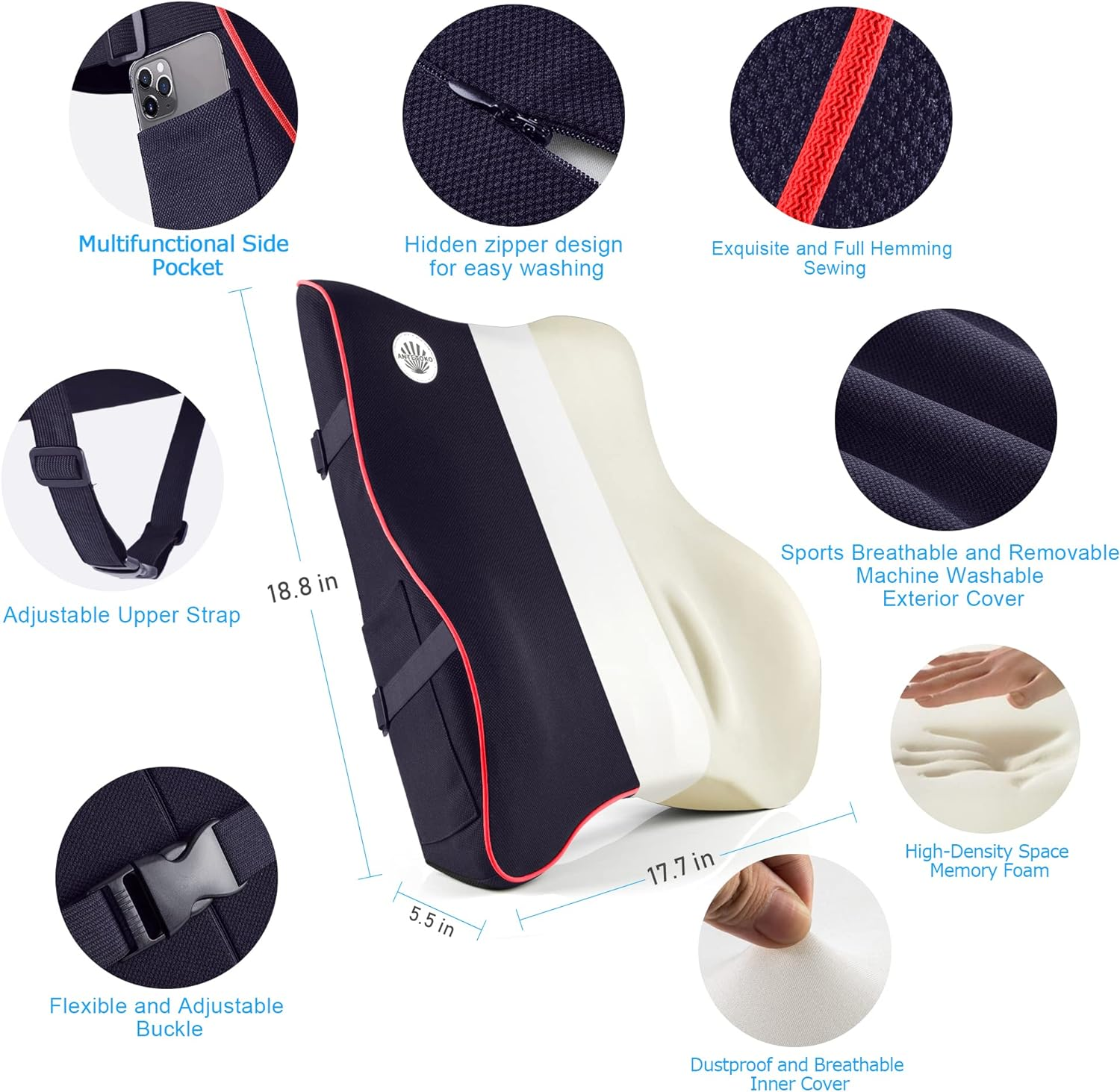 Lumbar Support Pillow,Memory Foam Back Support for Office Chair,Computer Chair,Car Seat,Recliner and Couch with Breathable 3D Mesh Cover,Ergonomic Design Orthopedic Backrest (Blue) - Black image number 1