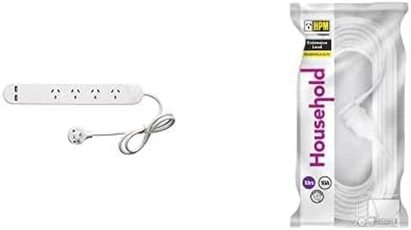 HPM Standard 4 Outlet Powerboard with 2 USB Type a Ports + Household Duty Piggy Back Extension Lead White 10M