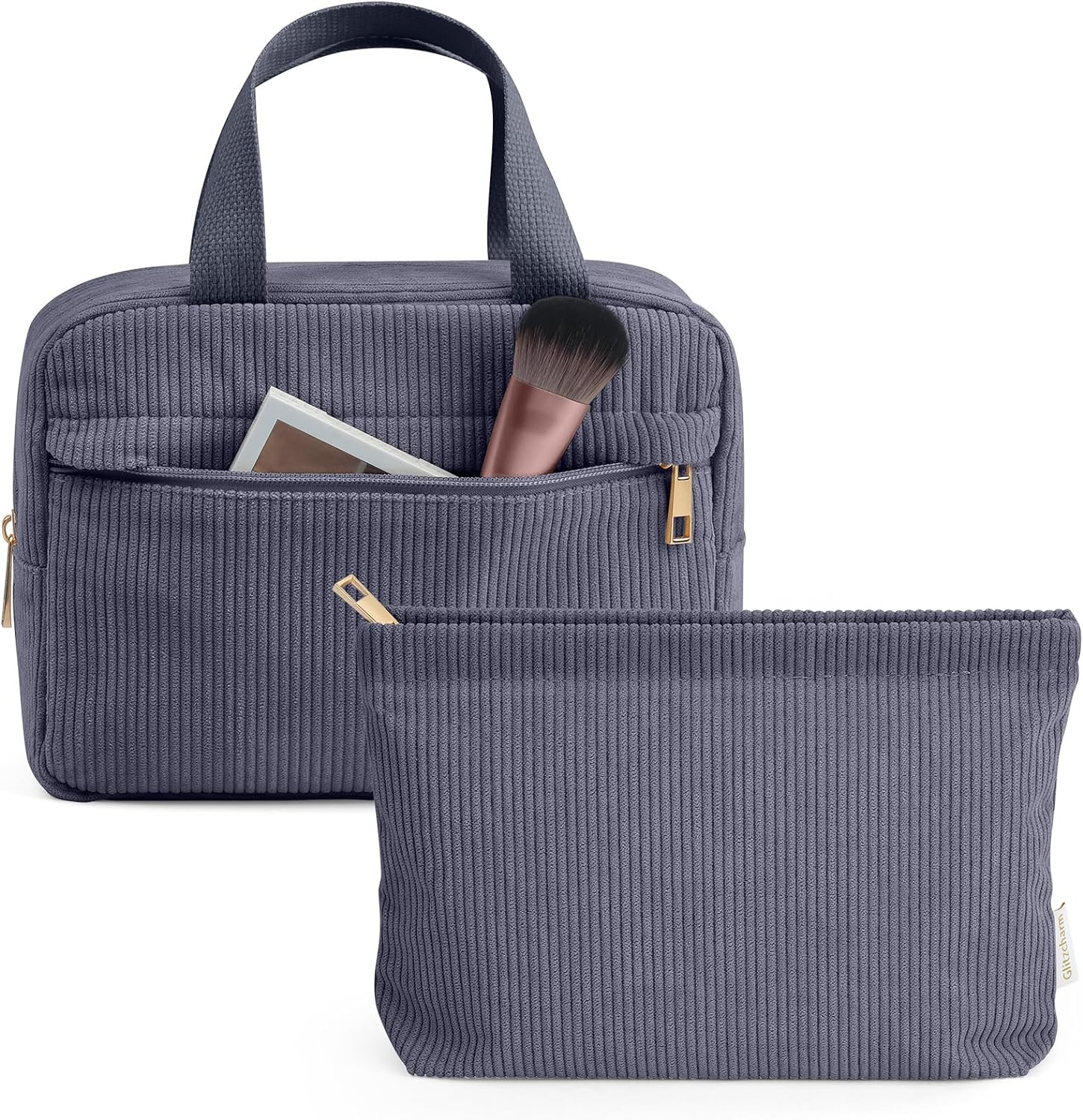 Cosmetic Bag Corduroy Makeup Bag, 2 Pcs Make up Bags Women Large Travel Cosmetic Bag Portable Makeup Bag with Handle for Girls Women(Gray) image number 1