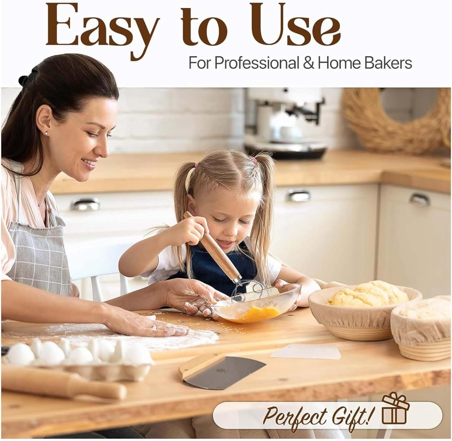 Kinconnyen Bread Banneton Proofing Basket Set,Round and Oval Bread Proofing Baskets,Danish Dough Whisk, Dough Scraper, Bread Bag and Brush,Sourdough Bread Baking Supplies. image number 6