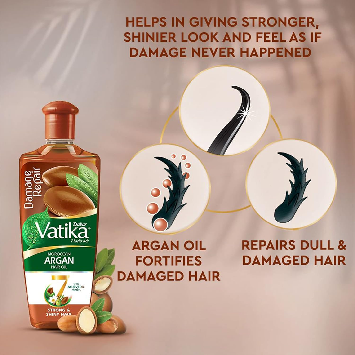 Dabur Vatika Naturals Moroccan Argan Hair Oil with 7 Ayurvedic Herbs, Repairs Damage, Provides Strong and Shiny Hair, 300 Ml image number 1
