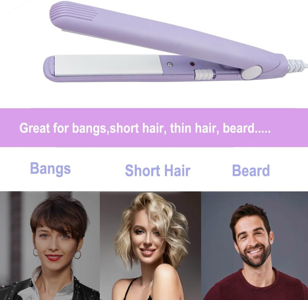 Mini Hair Straightener,Flat Iron, 2 in 1 Mini Curling Iron，Portable Travel Hair Straightener Heating Curler Hair Styling Tool for Short Hair，Home or Salon (Purple) image number 3