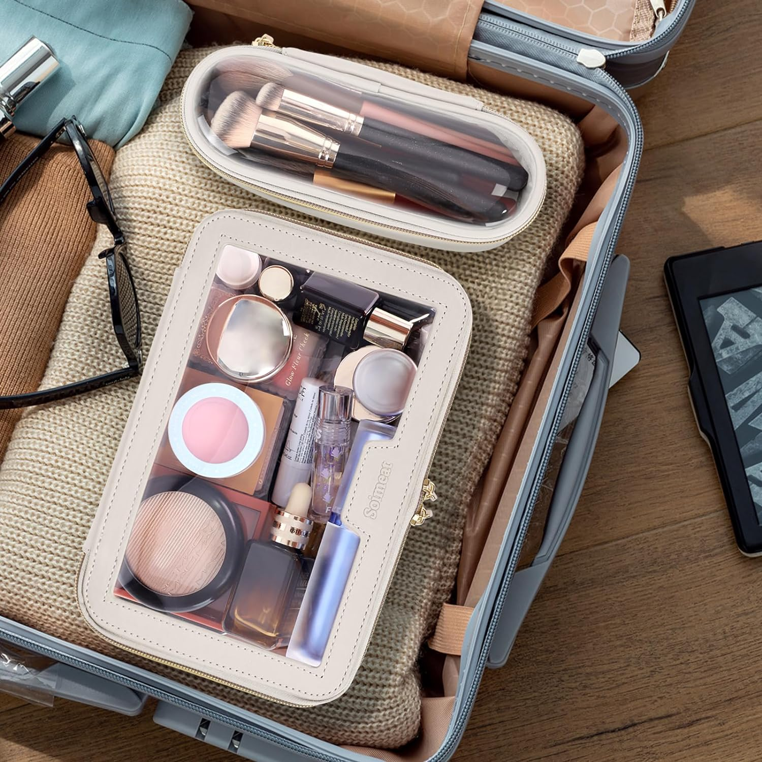 Travel Clear Makeup Bag with Makeup Brush Bag, Leather Makeup Case Toiletry Bag, Portable Cosmetic Bag Case, Transparent Waterproof Cosmetic Organizer Storage Bag for Women, Off-White, L image number 6