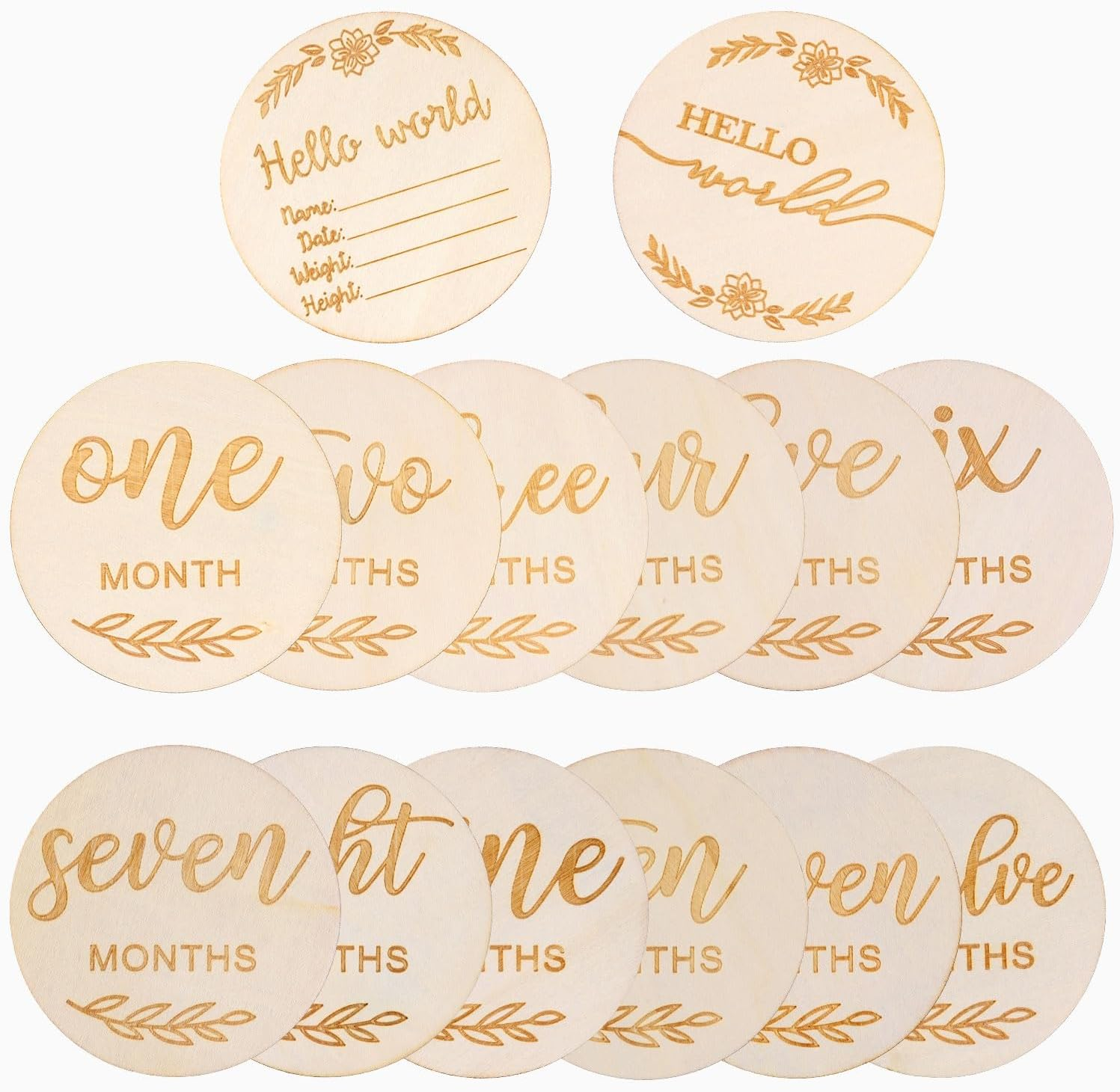 14Pcs Flower Baby Monthly Cards, 1-12 Months Baby Announcement Sign Hello World Newborn Sign for Milestone Wooden Discs Baby Monthly Card Sign for Boy and Girl Photography Props