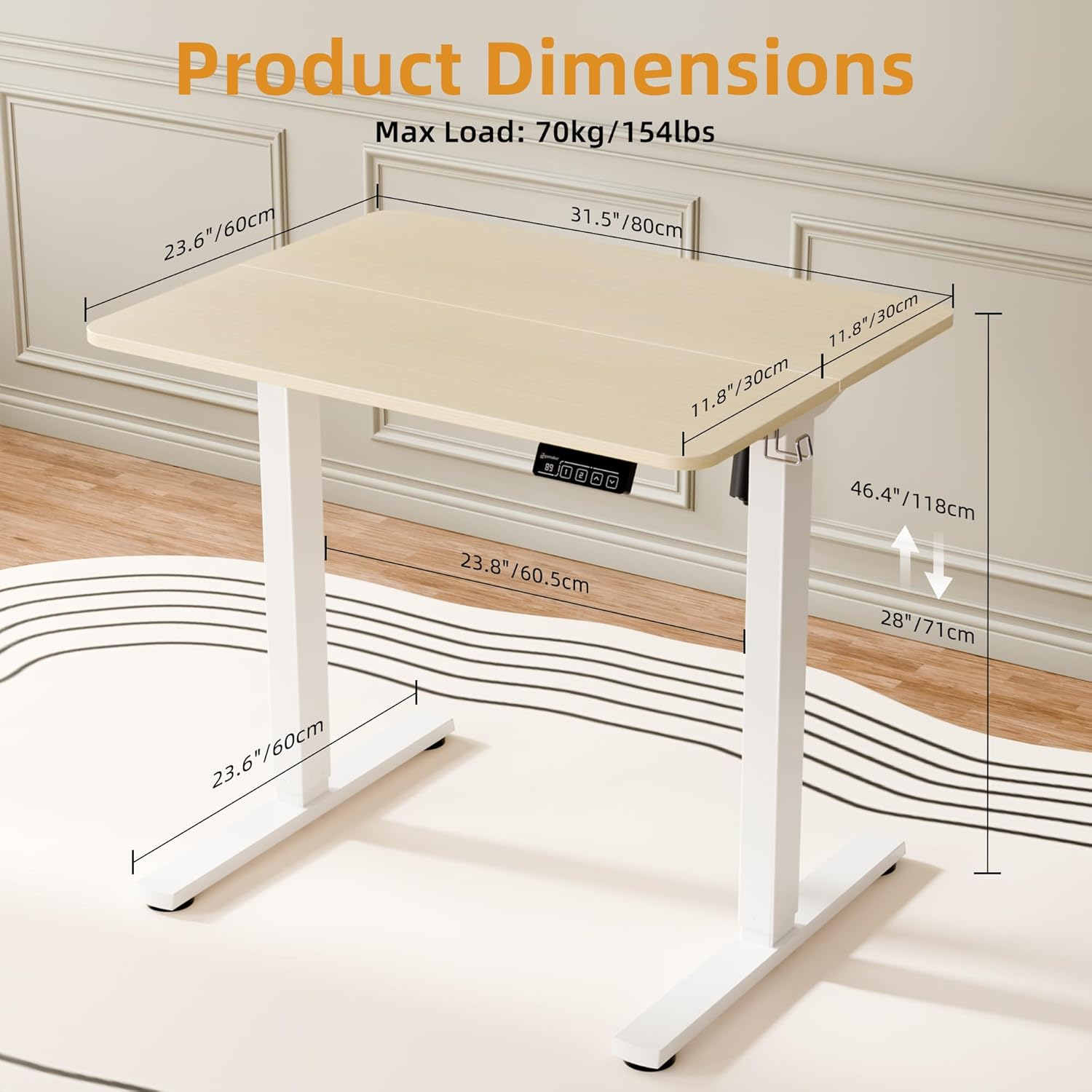 ERGOMAKER Electric Standing Desk 80X60Cm (31"X23.6"), Height Adjustable Sit Stand Desk with Splice Board for Home Office, Computer Desk Memory Preset (White Frame + Golden Oak Desktop) image number 4