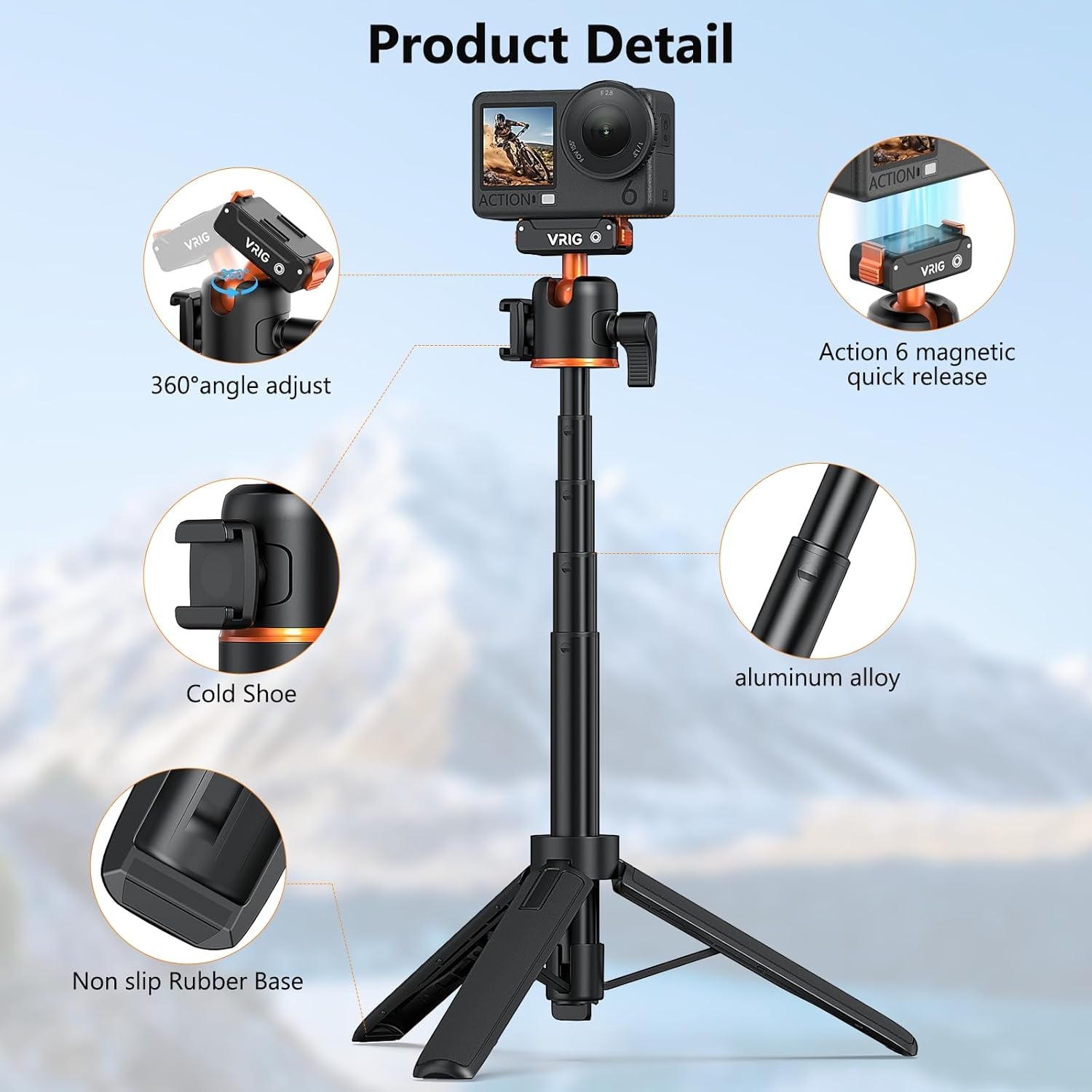 VRIG Action Camera Selfie Stick Tripod for DJI Osmo Nano/Action 6, Dual-Direction Magnetic Quick Release Adapter 360&deg; Ball Head & Cold Shoe Mount, 8 to 21 Inches Extendable Rod, AC-40N image number 3