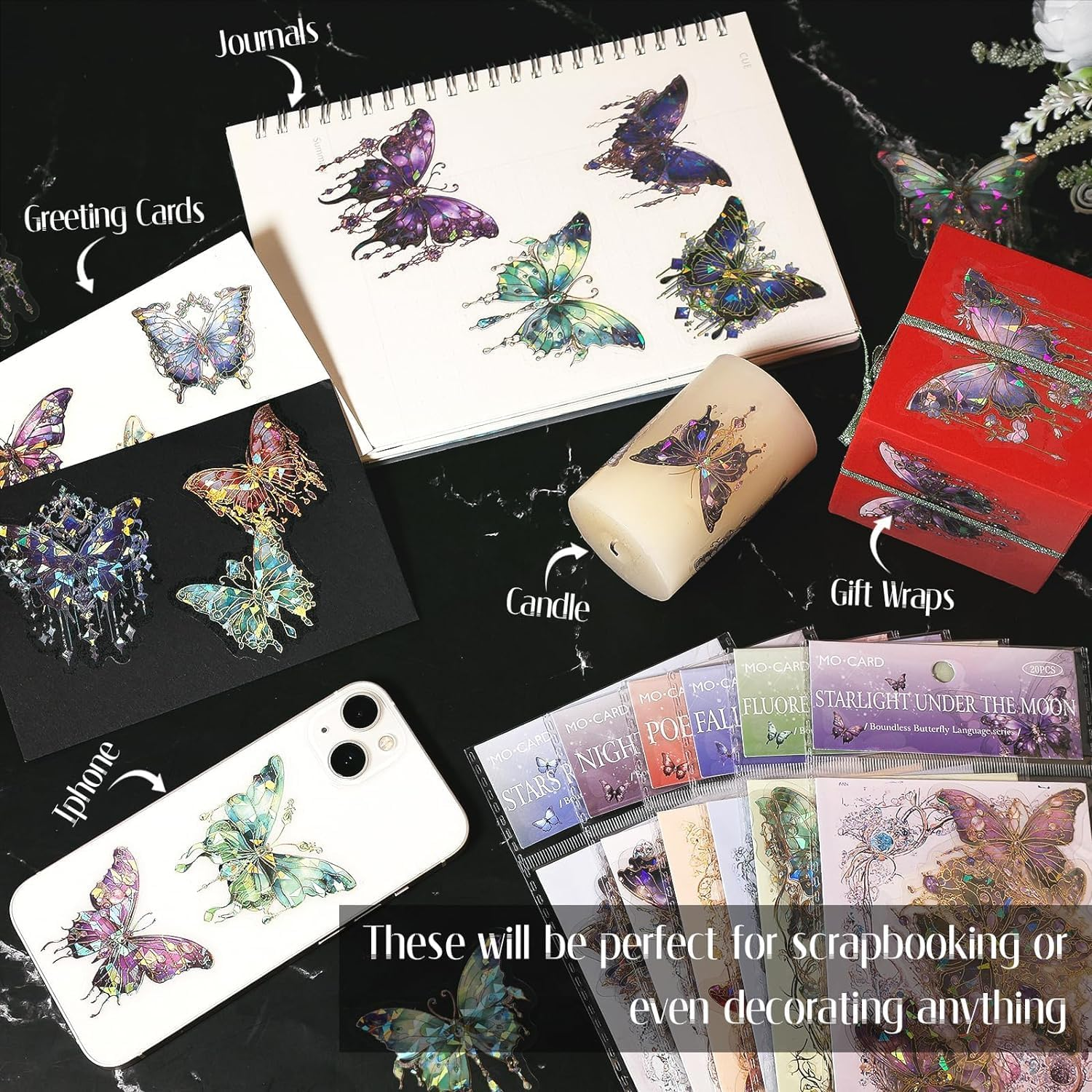 Butterfly Stickers Set - 120 Pcs Transparent Holographic Stickers for Scrapbooking, Resin Art, Junk Journals | Waterproof UV DTF Decals, Bullet Journal, Planner | Crystal, Fairy & Animal Themes image number 5